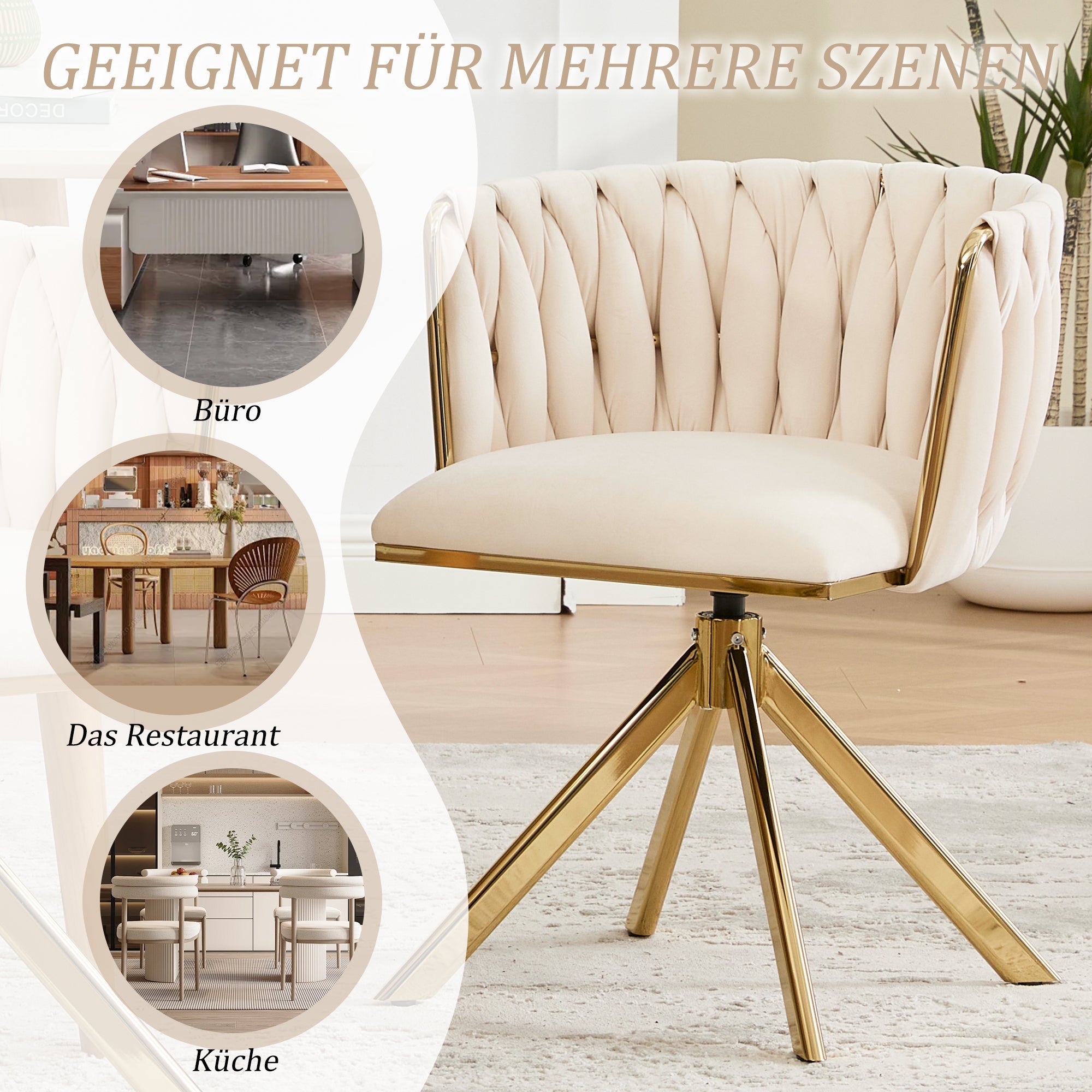 Velour Armchair, Heavy-Duty, 180° Swivel, Ergonomic, Metal Frame