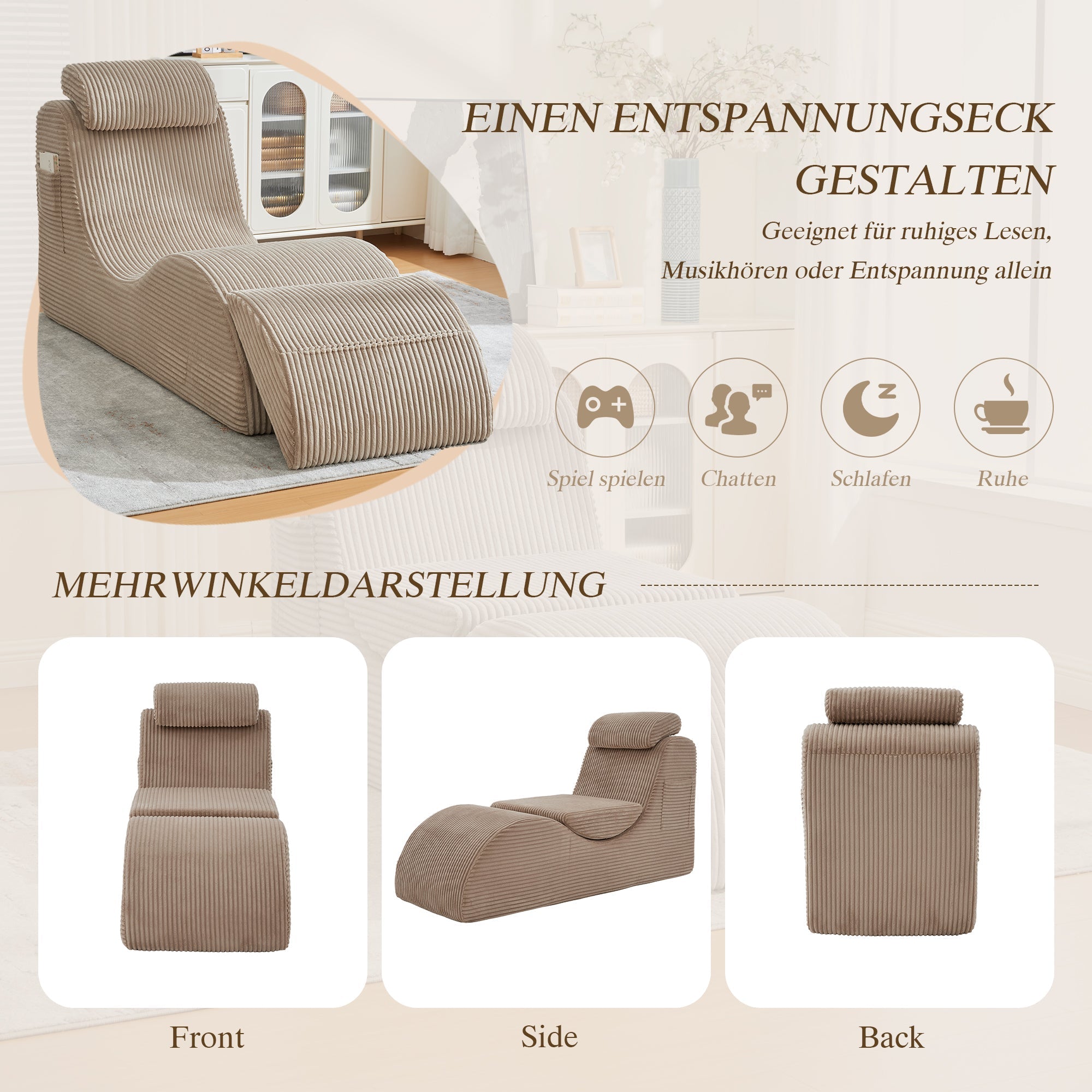 Modern Leisure Chair with Ergonomic Design and Side Pocket, Khaki Corduroy