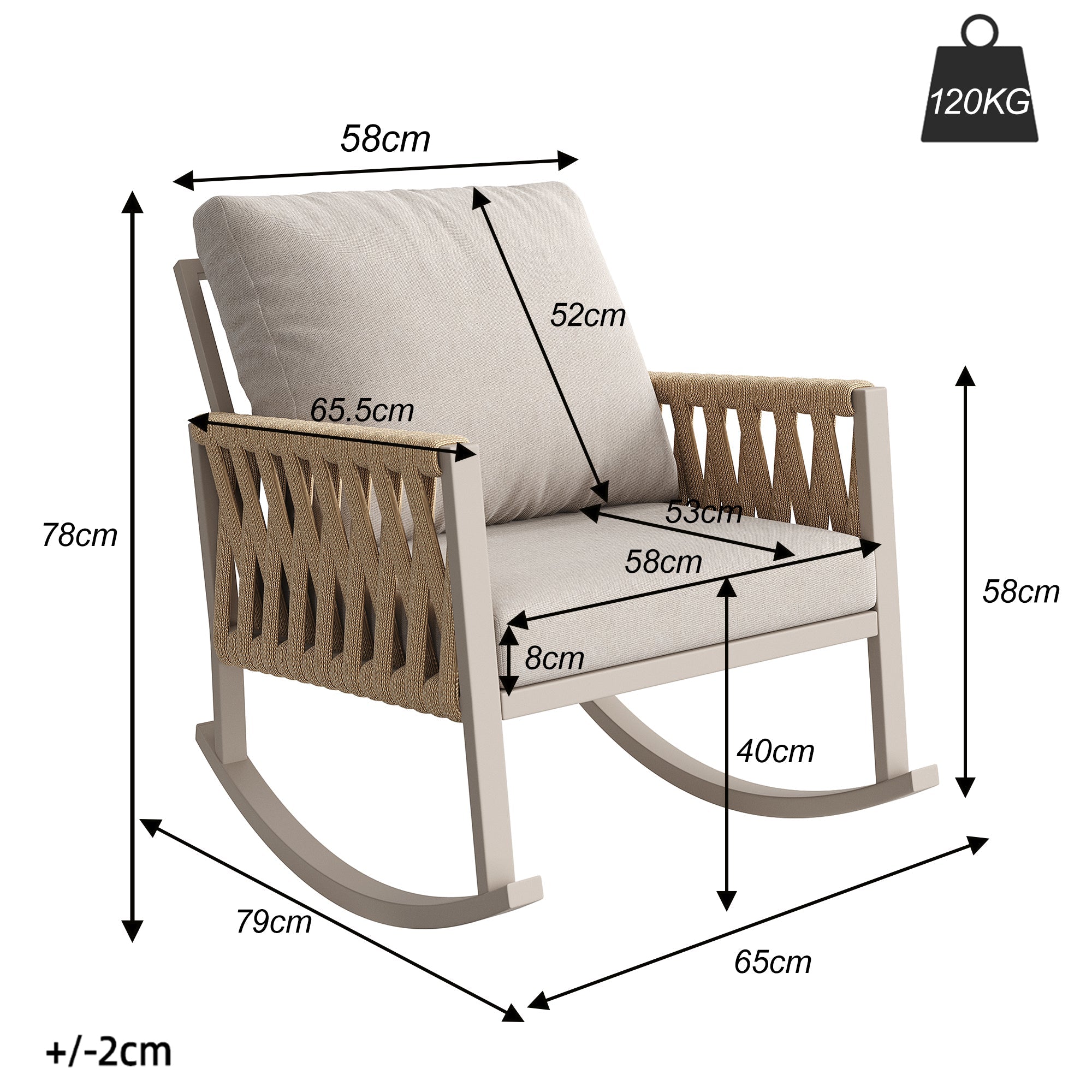 Outdoor Rocking Chair with Cross-Rope Weaving and Cushions, Weatherproof Metal Frame