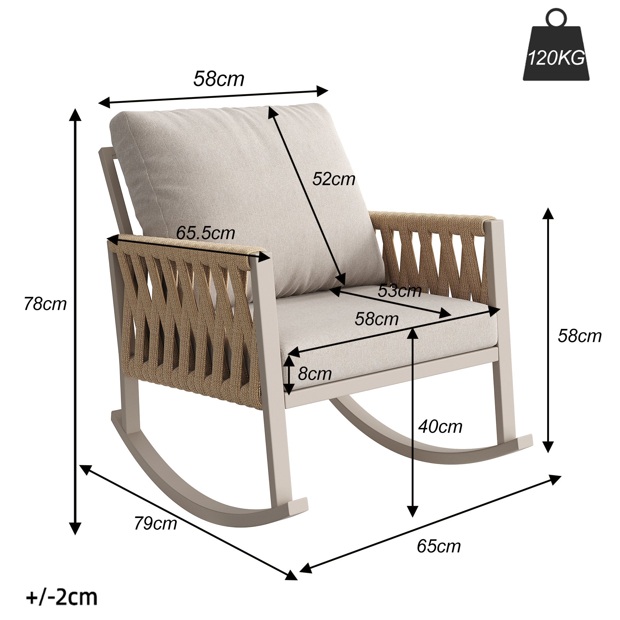 Outdoor Rocking Chair with Cross-Rope Weaving and Cushions, Weatherproof Metal Frame
