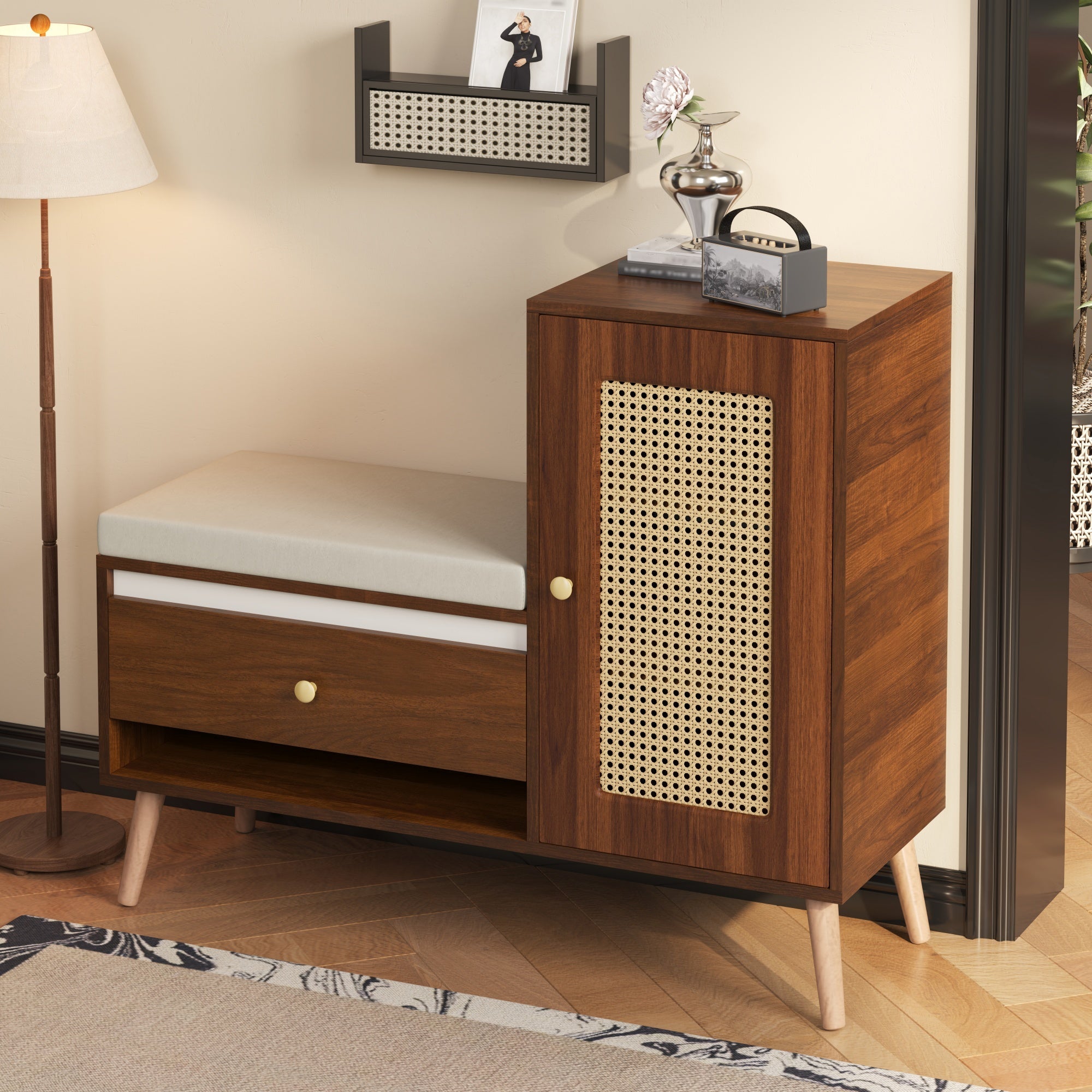 Rattan Hall Bench with Shoe Storage, Drawers and Seat Cushion, Oak and Rattan