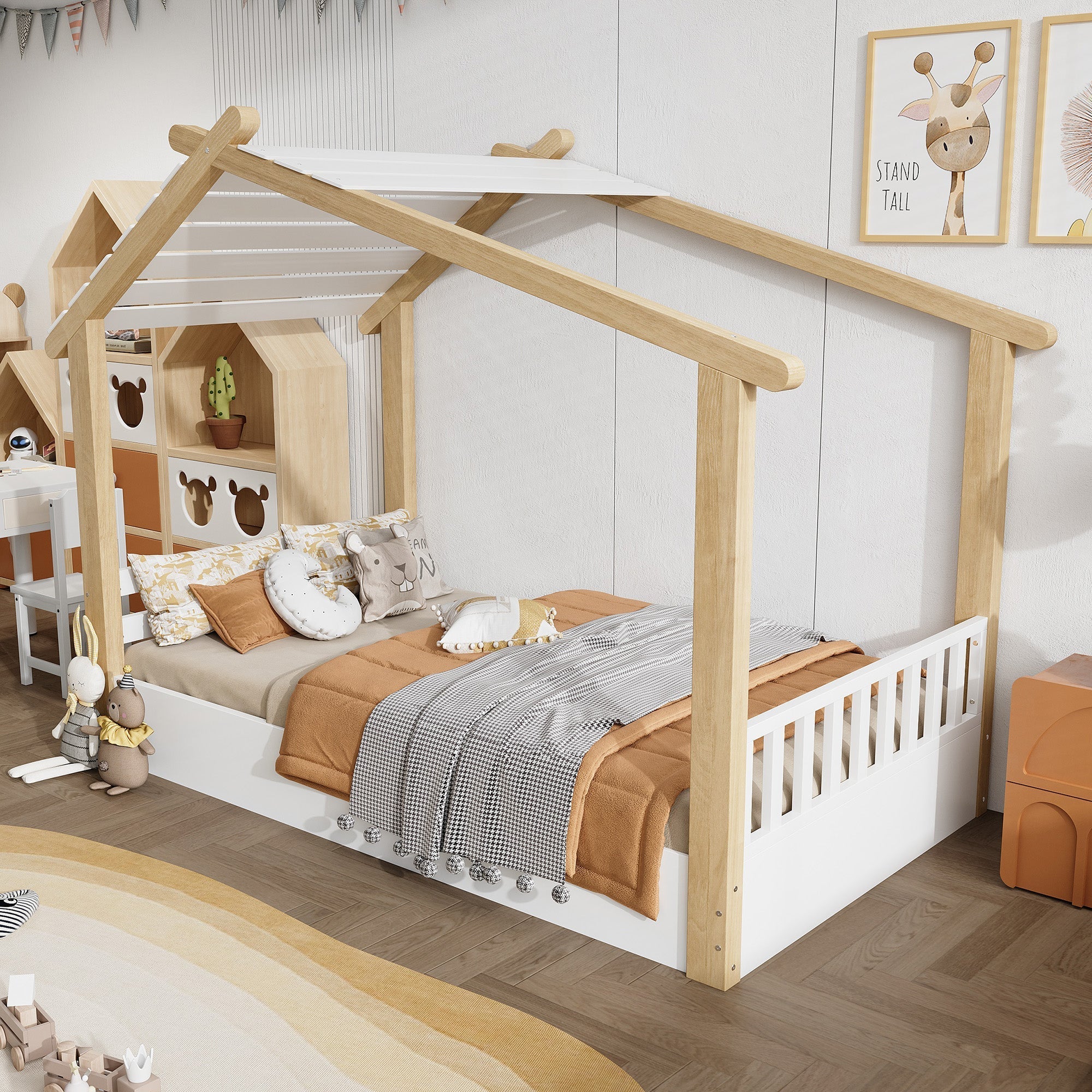 Wooden Bed, House Design Single with Slatted Frame, Pine & MDF White & Natural