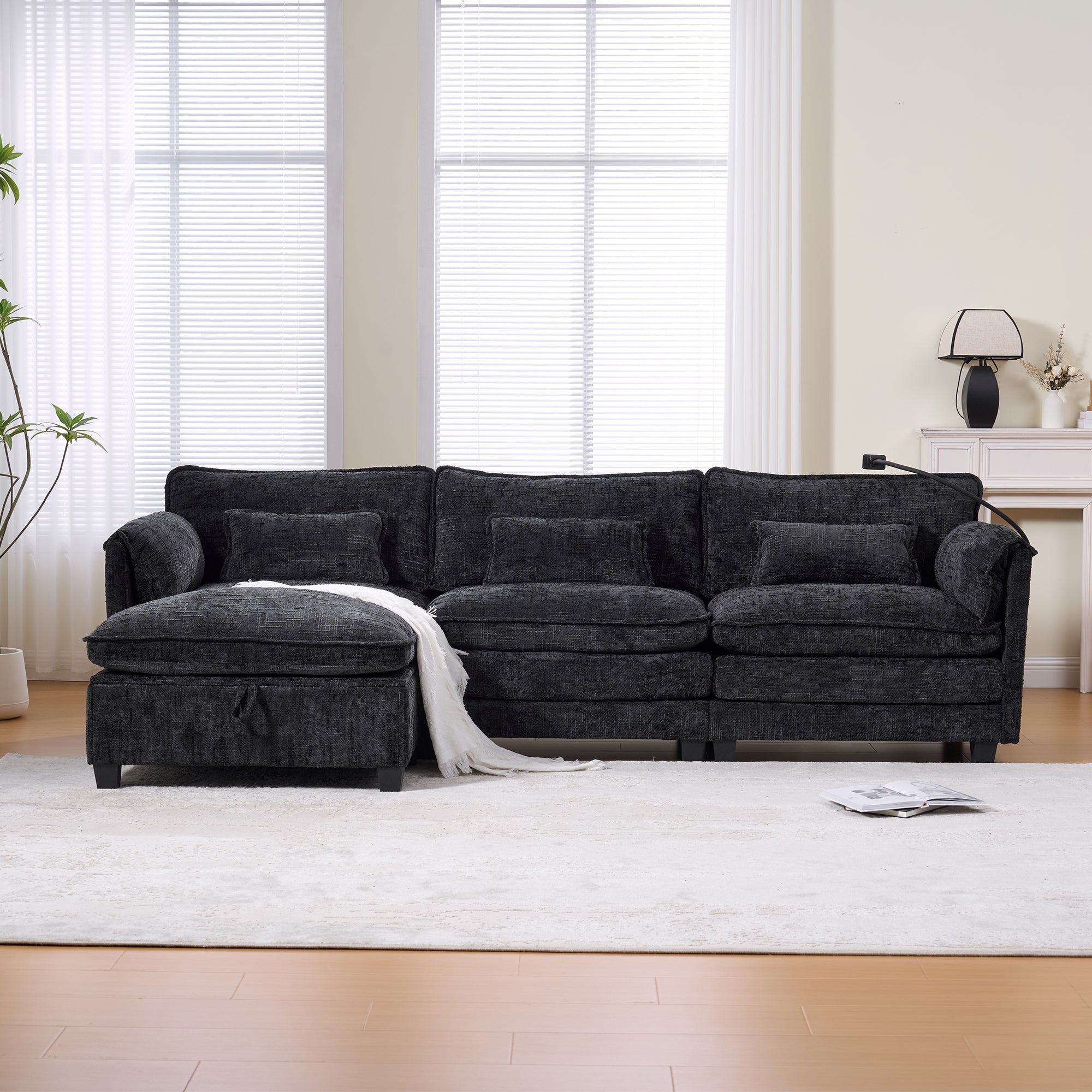 2-Seater Sofa USB Port Modular Footstool - Chenille Black