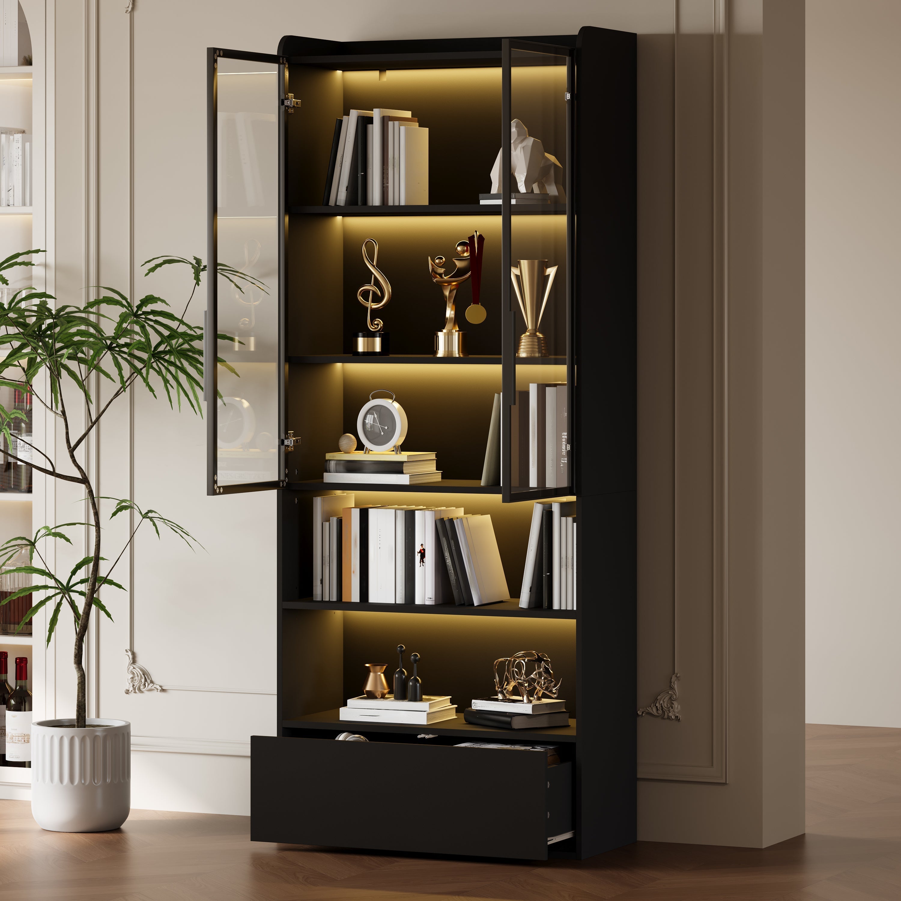 Tall Display Cabinet with 1 Drawer, LED Lighting and Glass Doors, Black