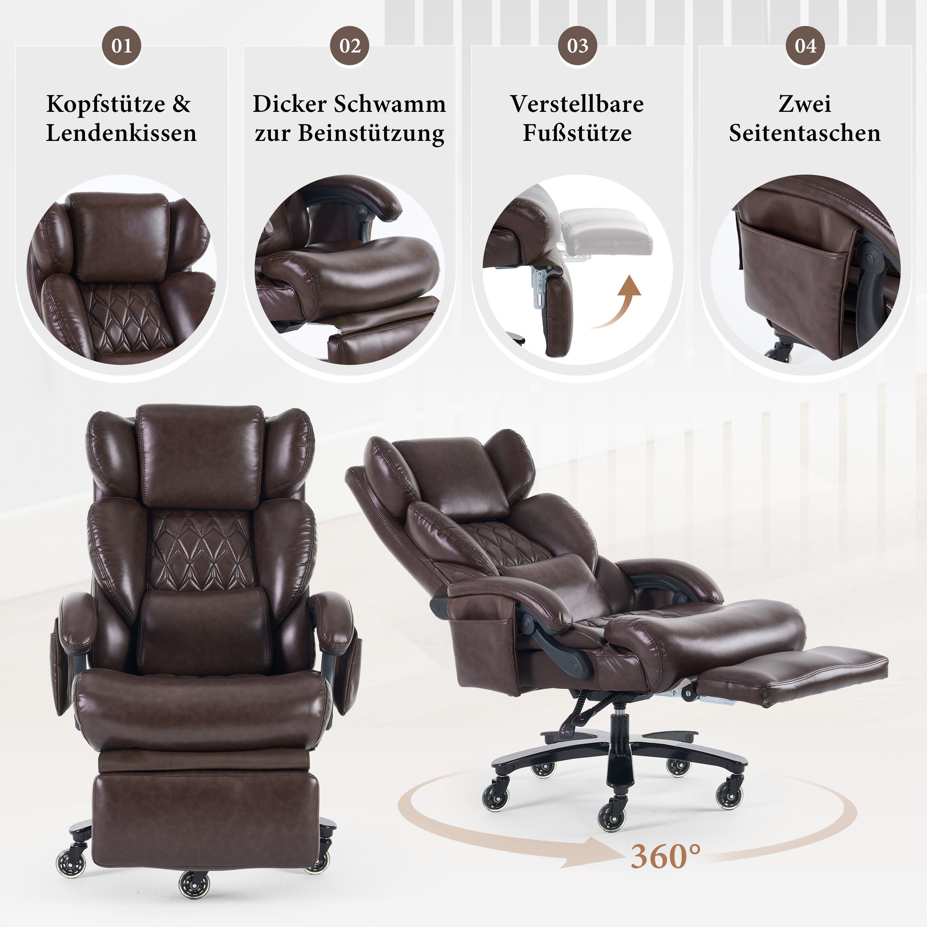XXL Ergonomic Office Chair with Massage and Heating Function, Footrest and Adjustable Backrest, Brown PU Leather