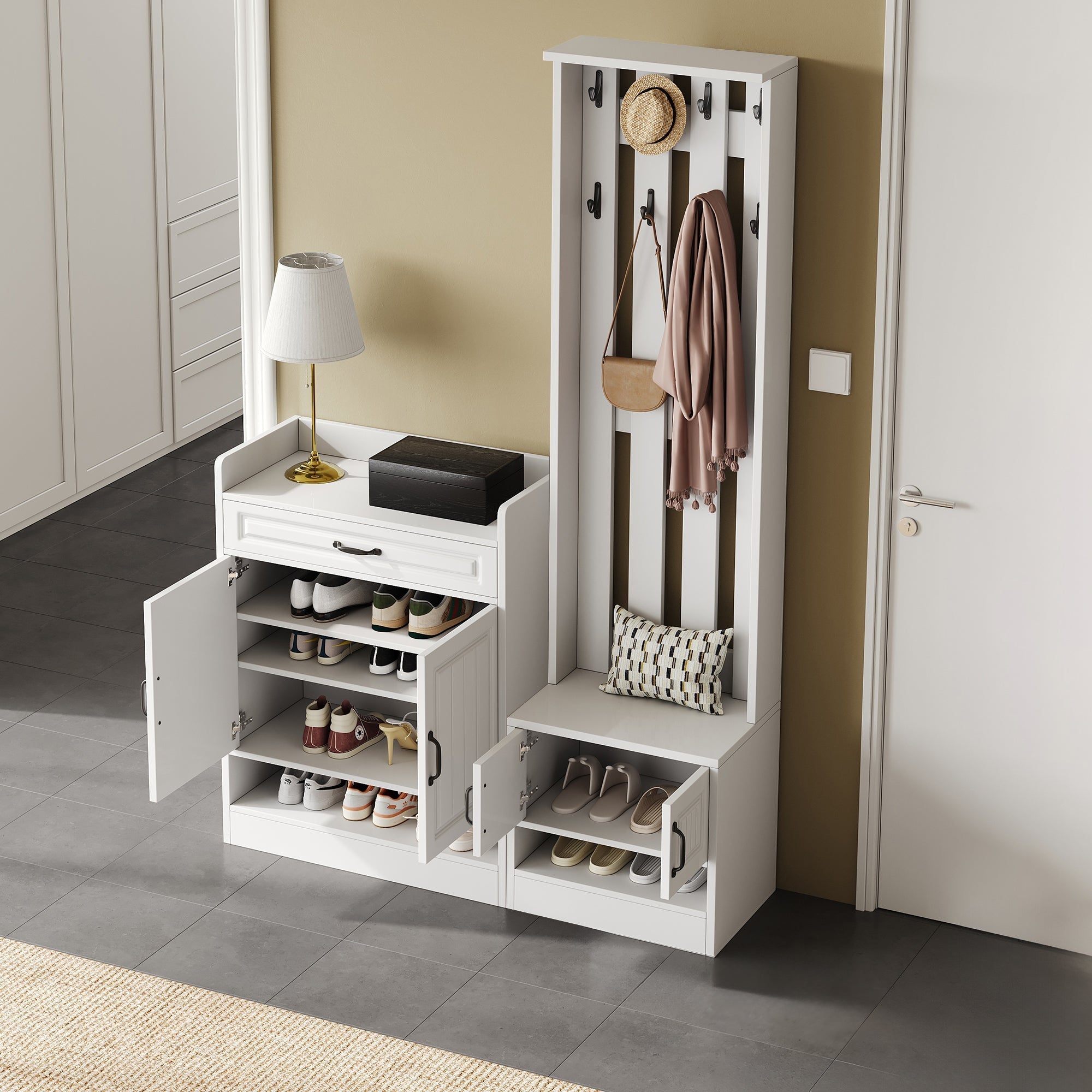 Wardrobe Set with Shoe Bench & Rack, 8 Hooks, 4 Doors, 1 Drawer - White
