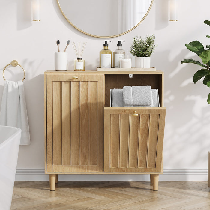 Slanted Laundry Basket with Removable Inner Basket and Bathroom Storage Shelf, Oak Wood Color