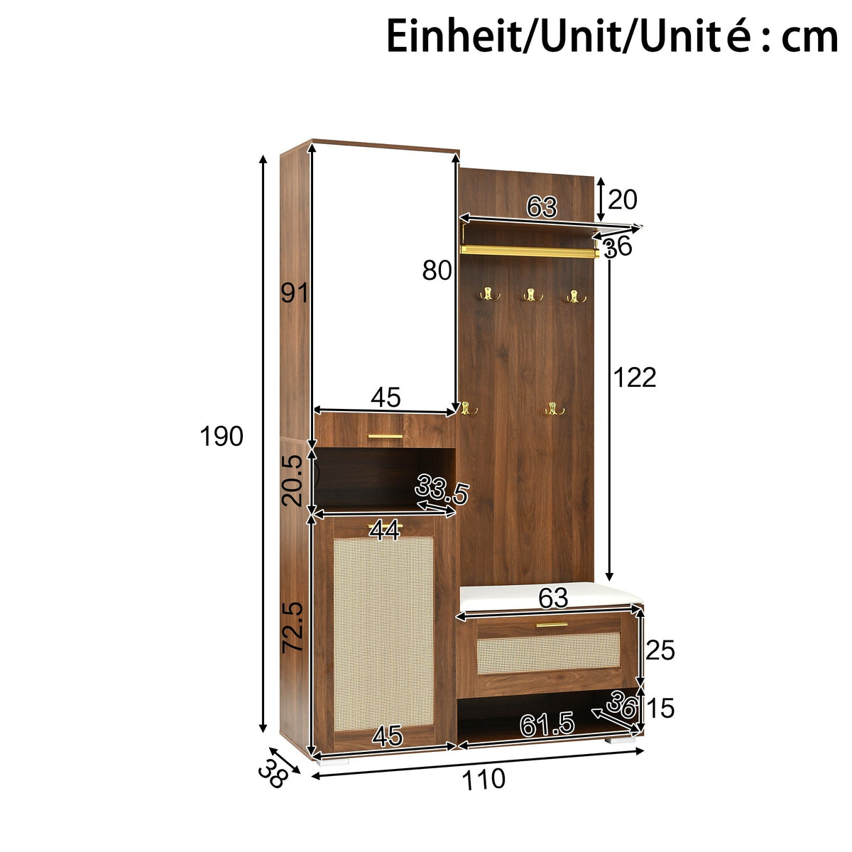 Wardrobe Set Mirror Shoe Cabinet Bench 6 Hooks - 16-Color LED Lighting