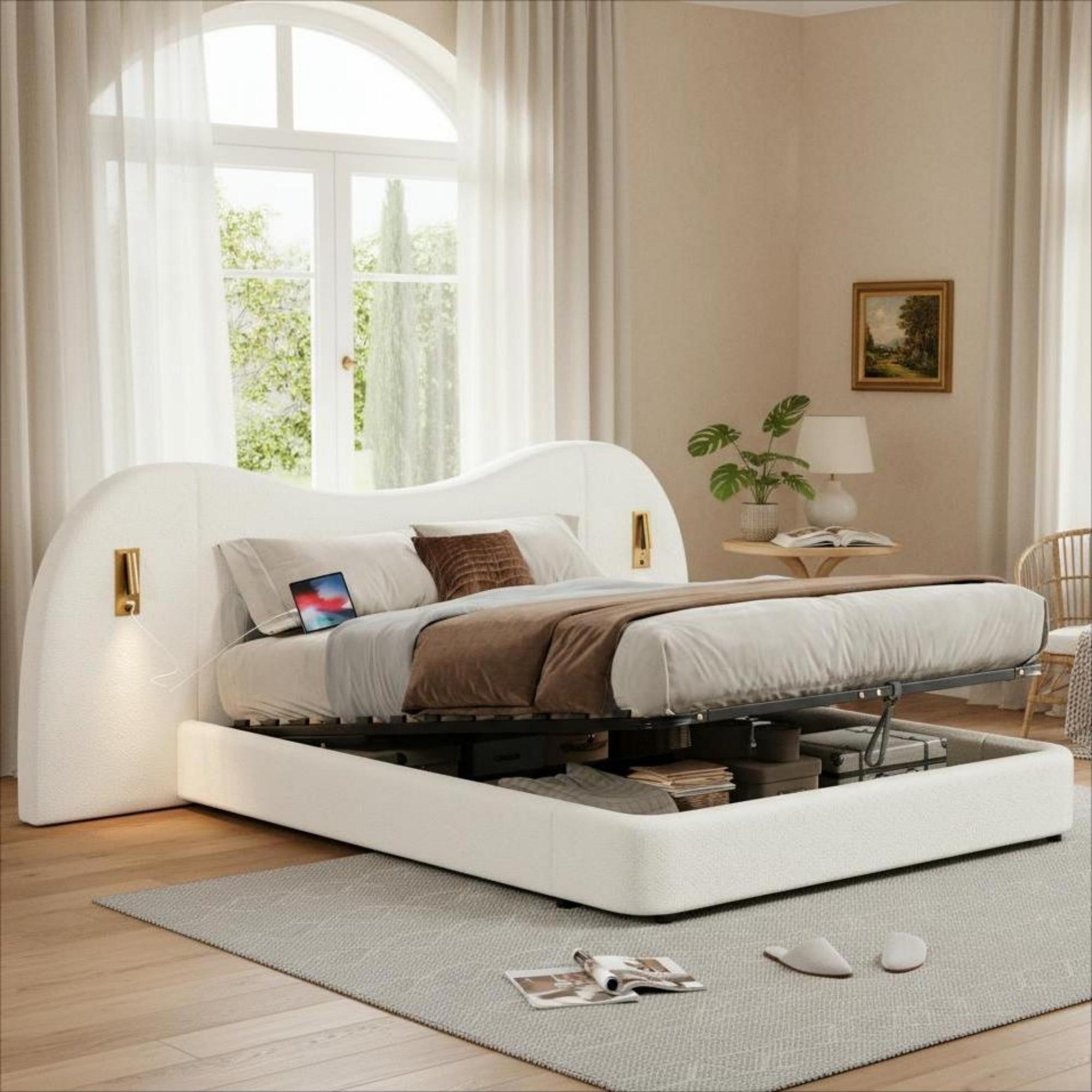 Upholstered Double Bed 180x200cm Hydraulic Storage USB Reading Lamp White Bouclé