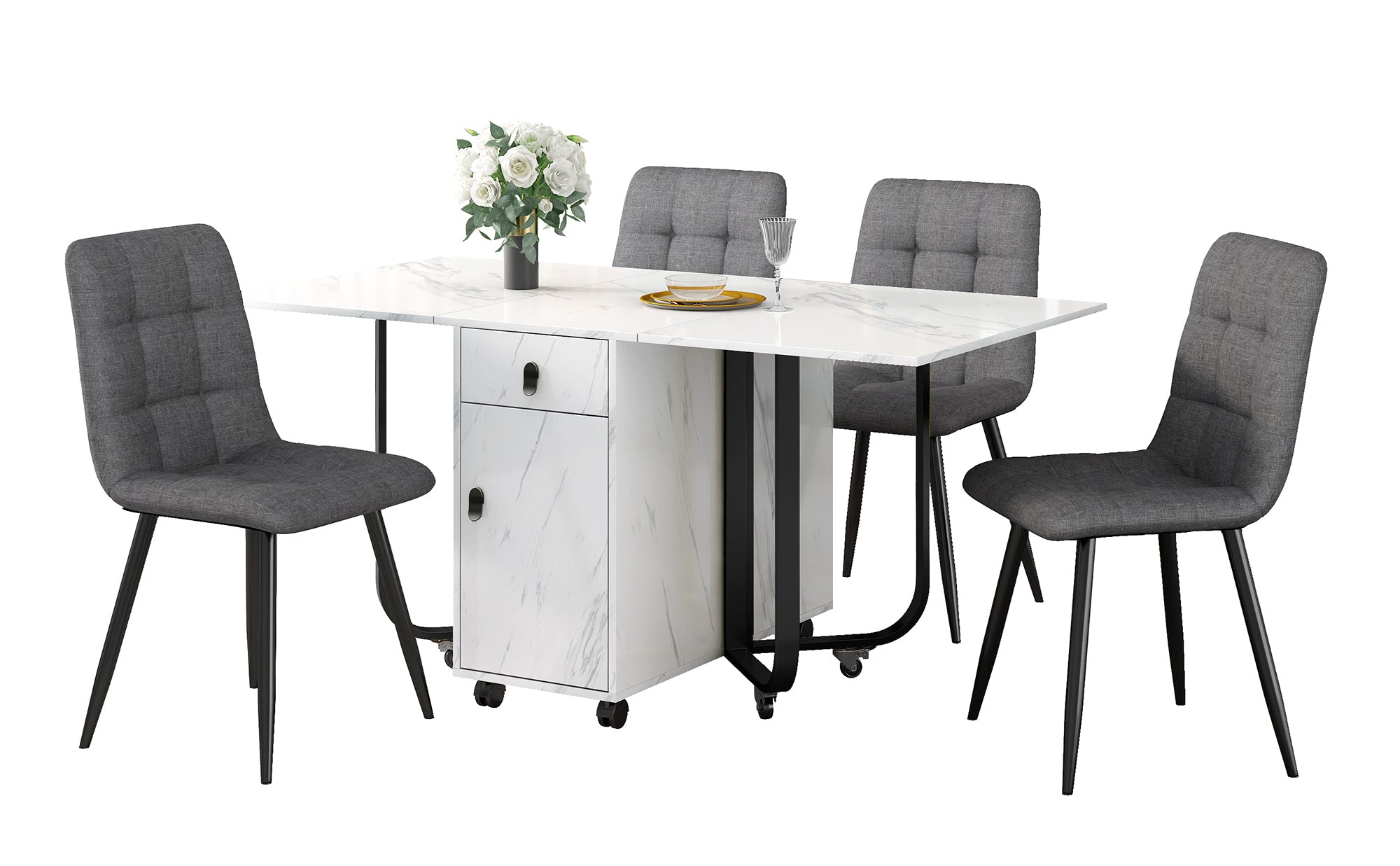 Dining Set 5-Piece Folding Kitchen Table Upholstered Linen Chair White MDF/Black Legs