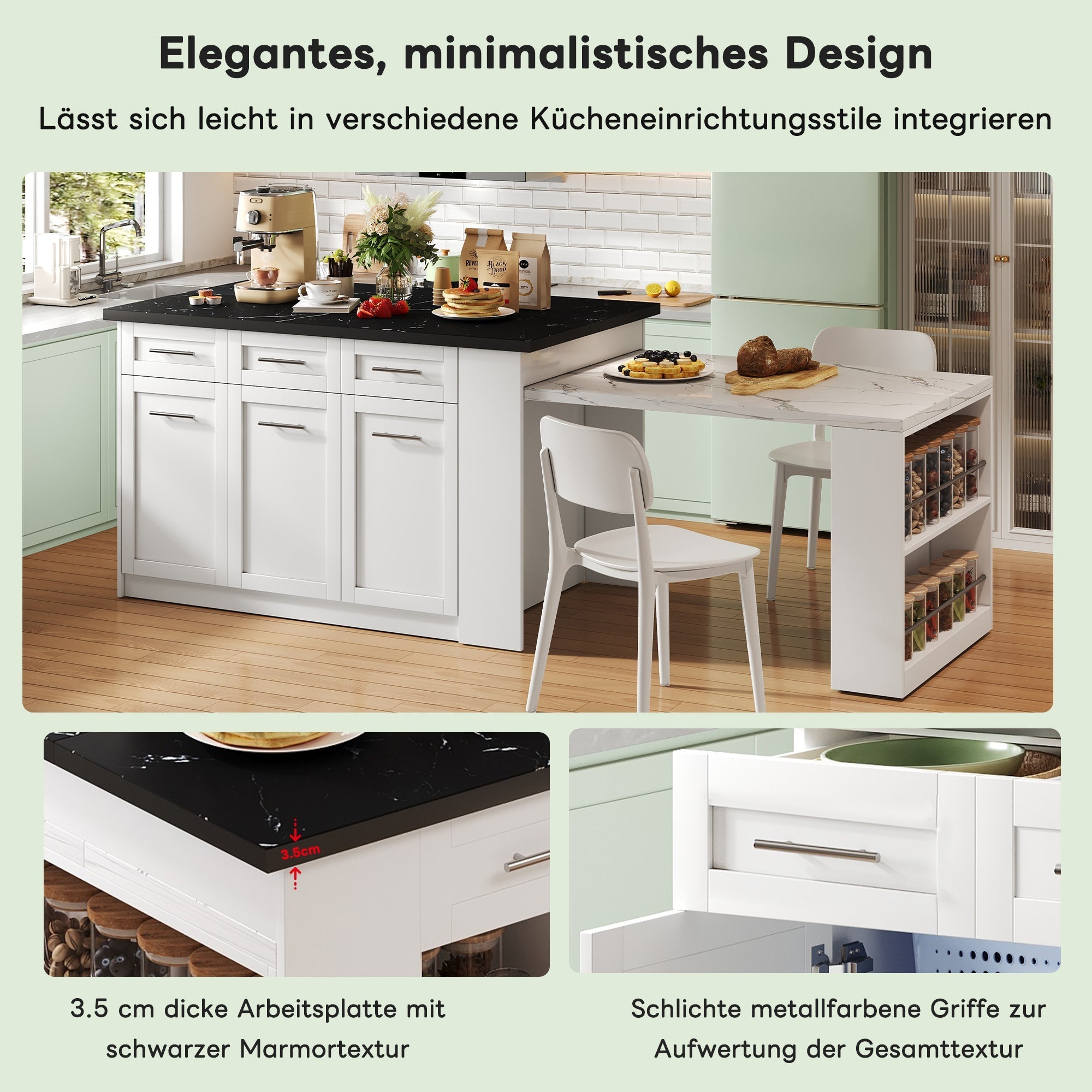 Kitchen Island Extendable Dining Table Storage Marbled Worktop White