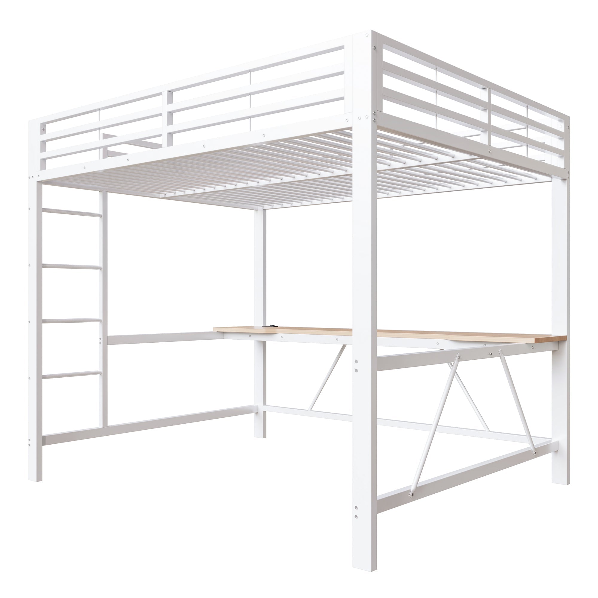 Gaming Loft Bed Frame with 160x200 Desk, LED and USB, White Metal