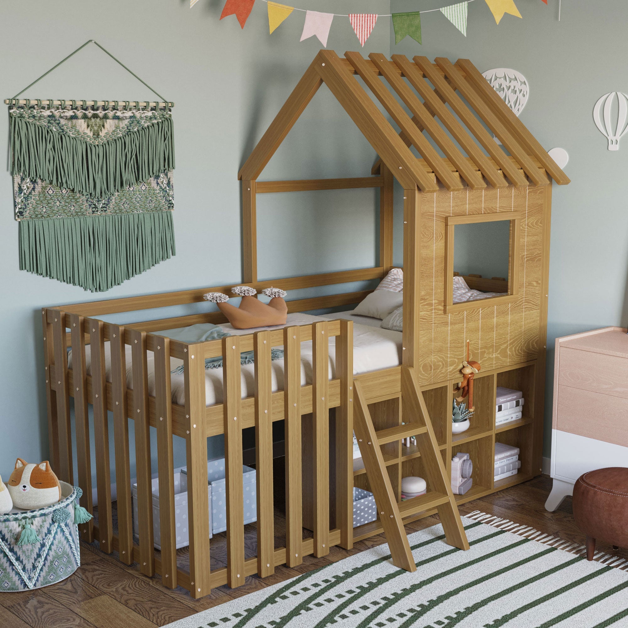 Children's House Bed 90x200 with Roof, Window, Storage & Ladder, Solid Wood