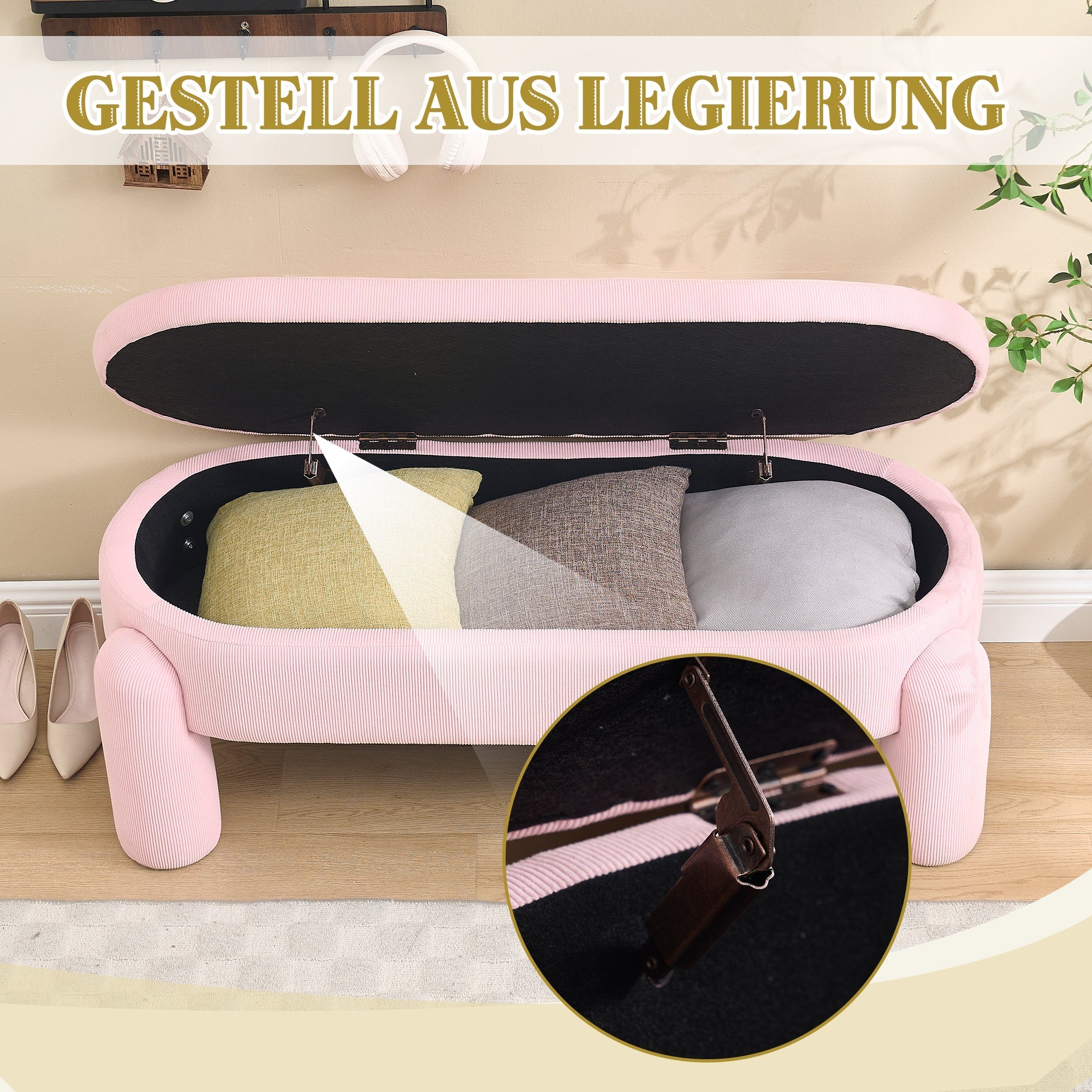 Storage Bench, Modern with Chenille Fabric & Solid Wood Frame, Pink