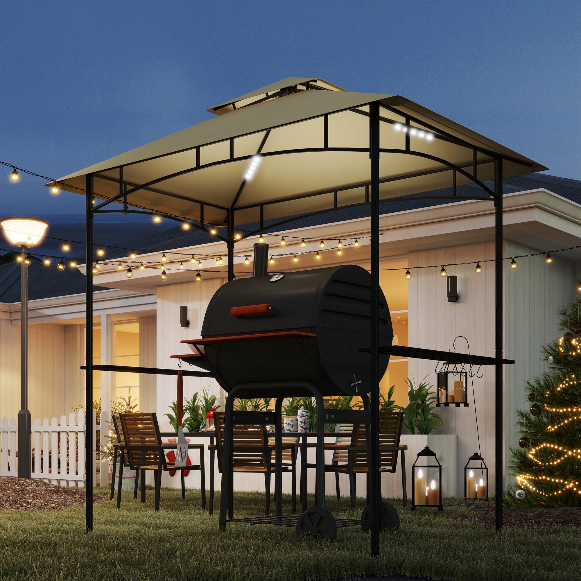 8' x 5' Grill Gazebo Double Tiered BBQ Shelter Canopy LED Lights Side Shelves Hooks Beige