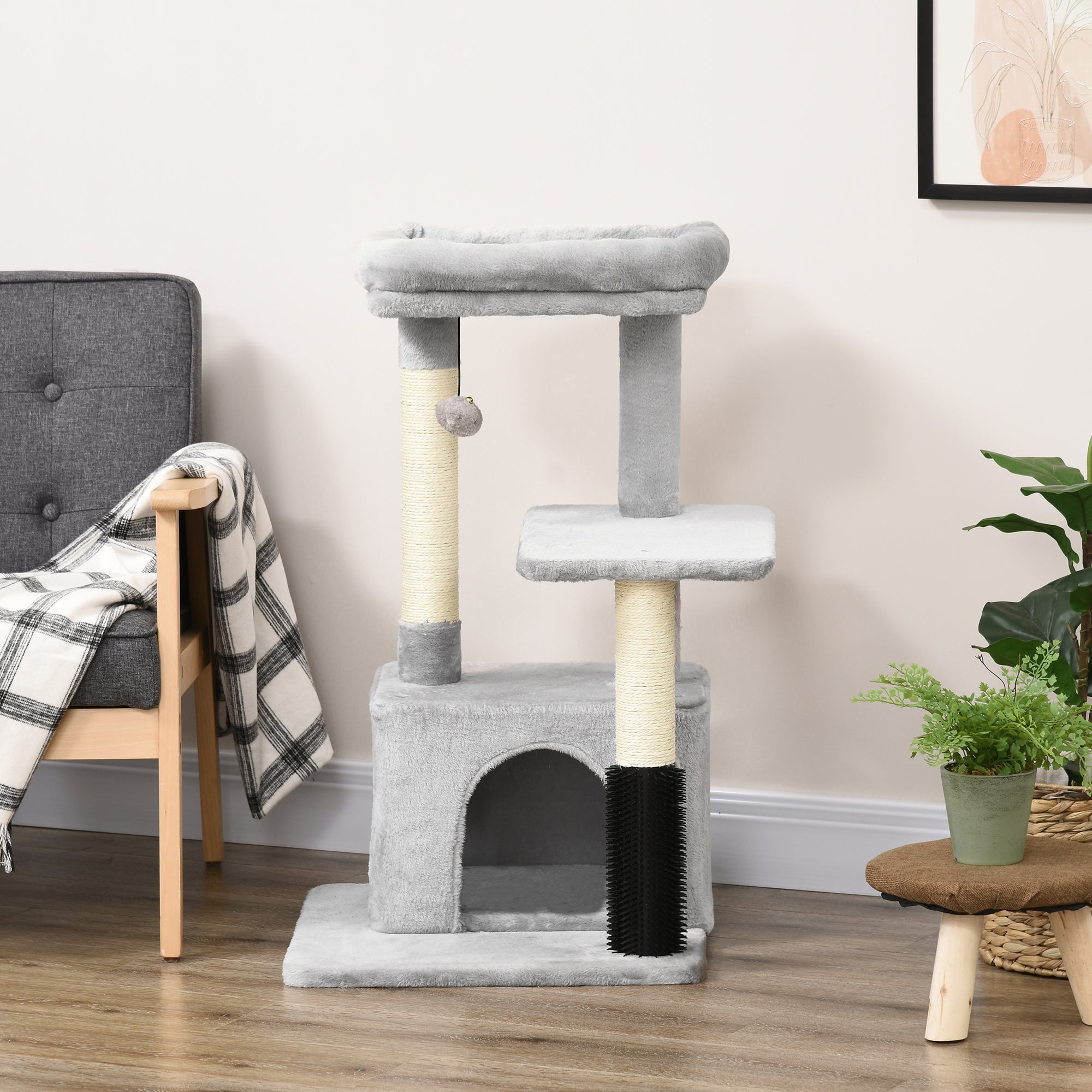 Cat Tree with Washable Bed, Litter Tray, Toys, Light Grey