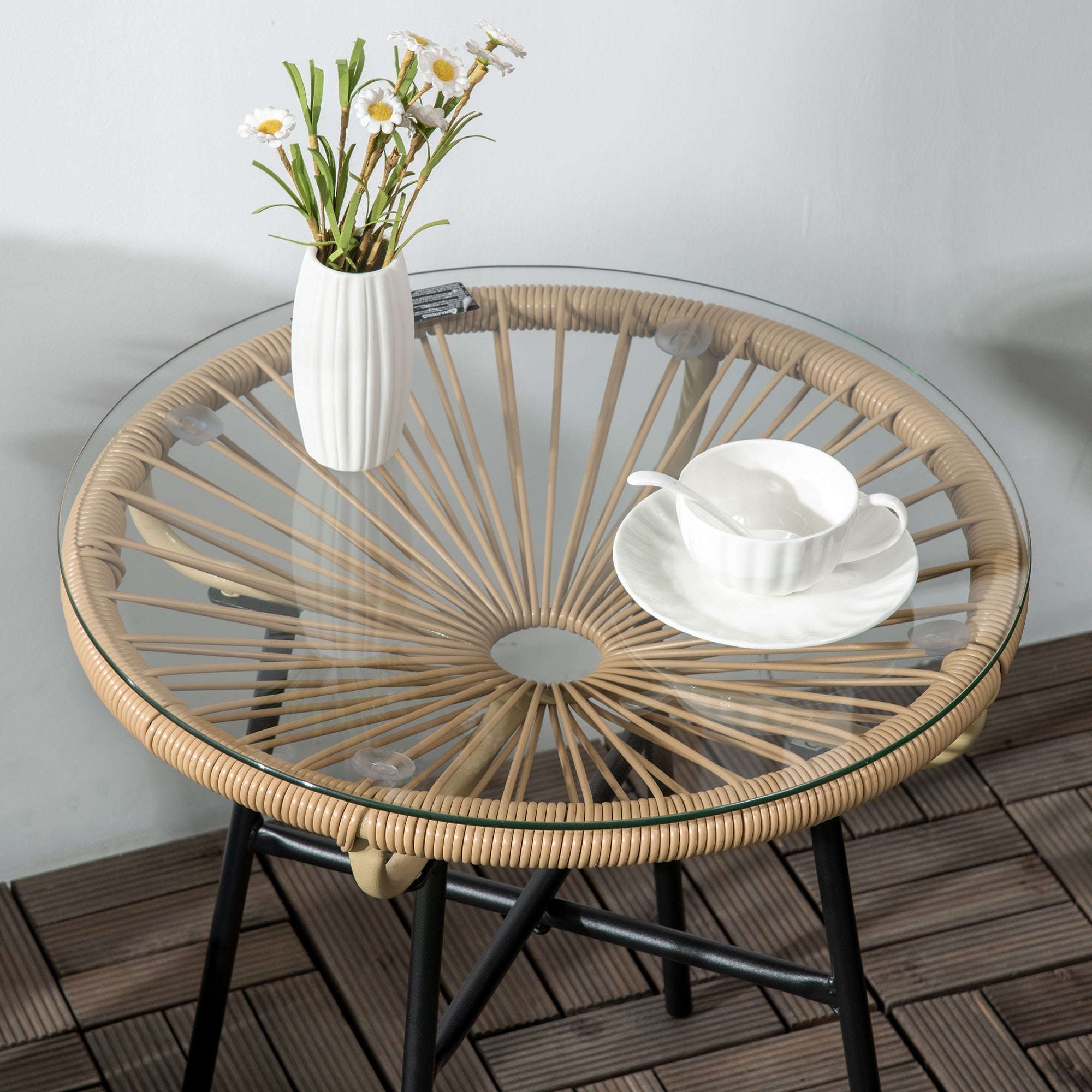 Bistro Table, Round Garden Side Table 50cm, Rattan Black+Beige