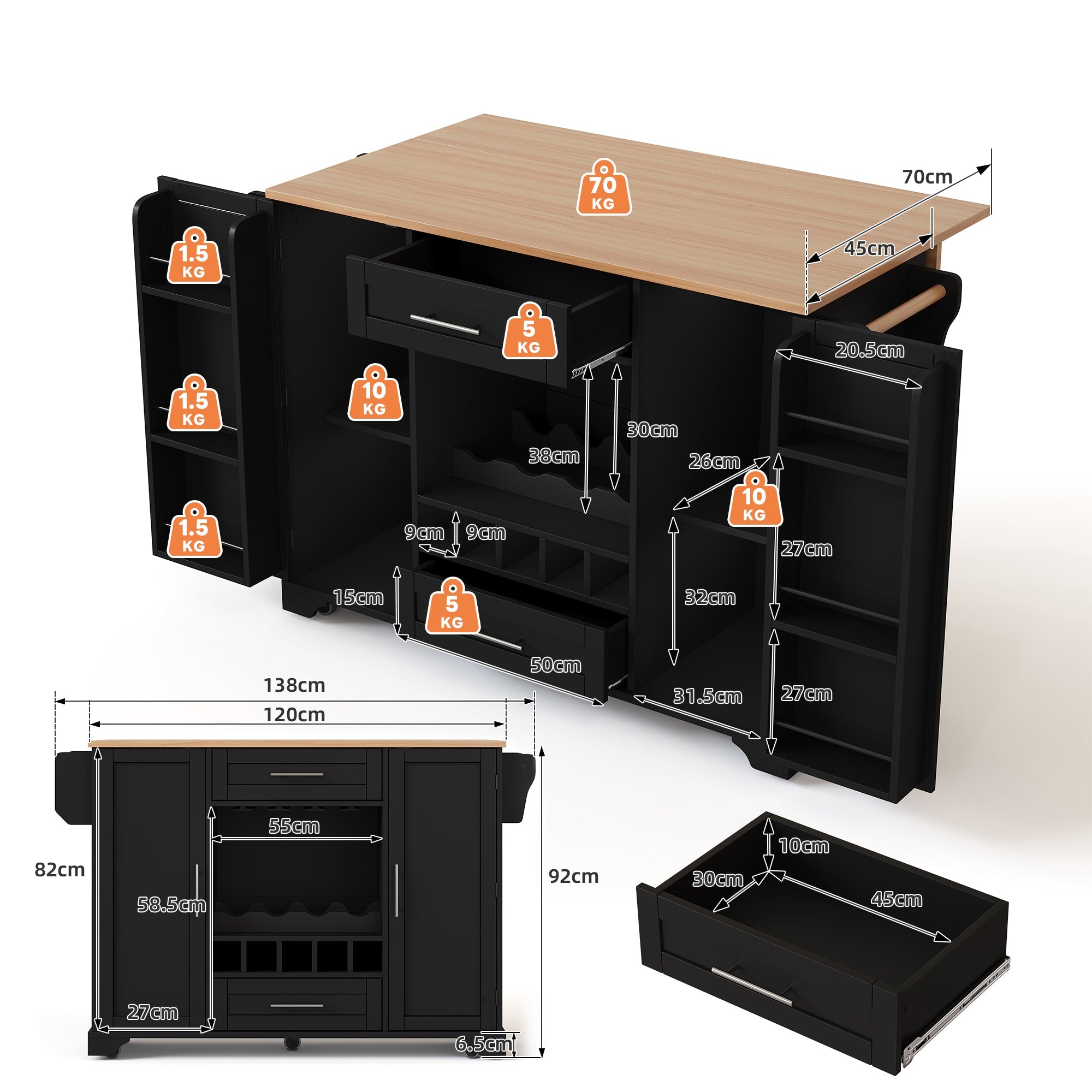 Kitchen Island Cart Folding Worktop Wine Rack Storage - Black