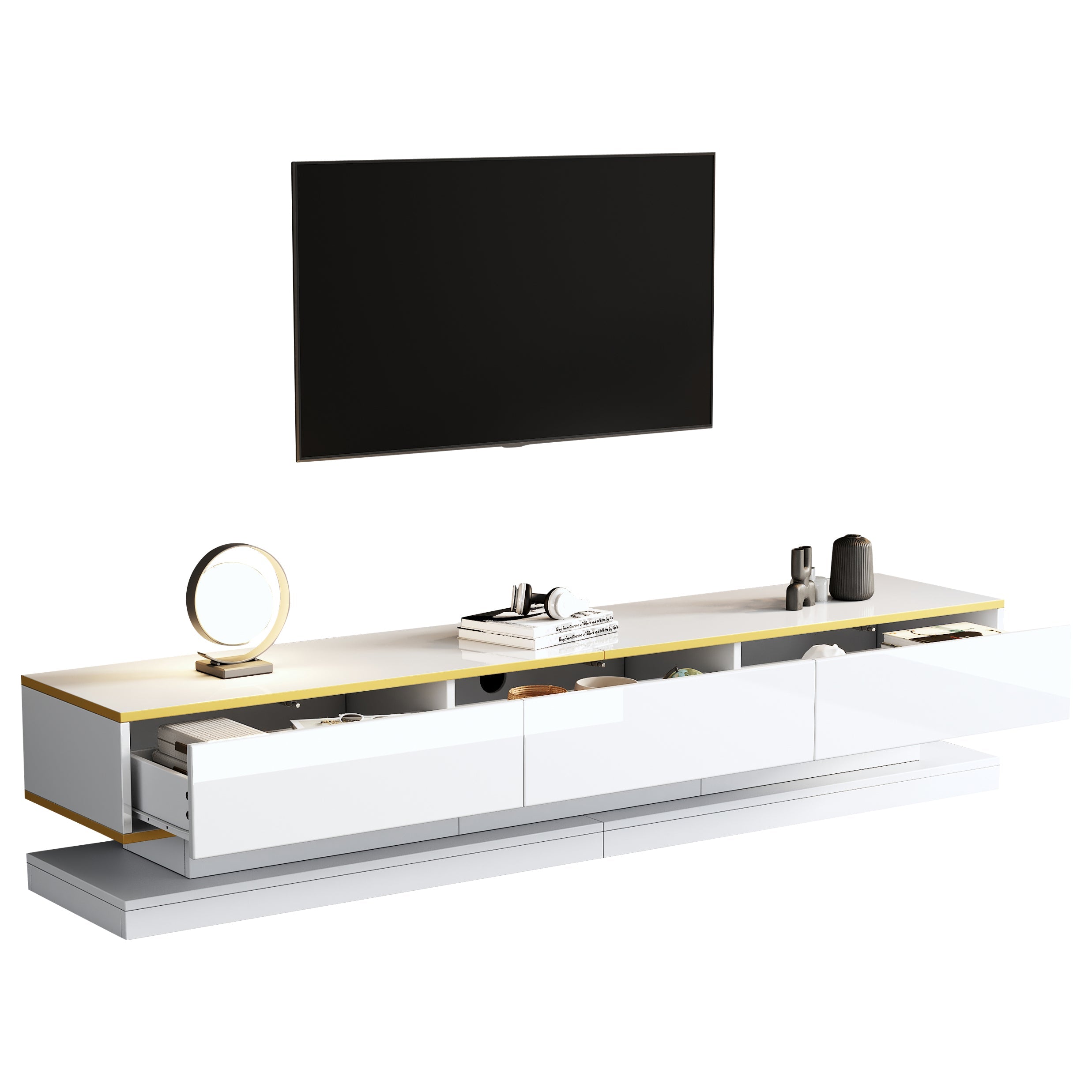 TV Cabinet, 200x40x40cm Lowboard with 3 Drawers, High-Gloss, Warm White with Gold Edge
