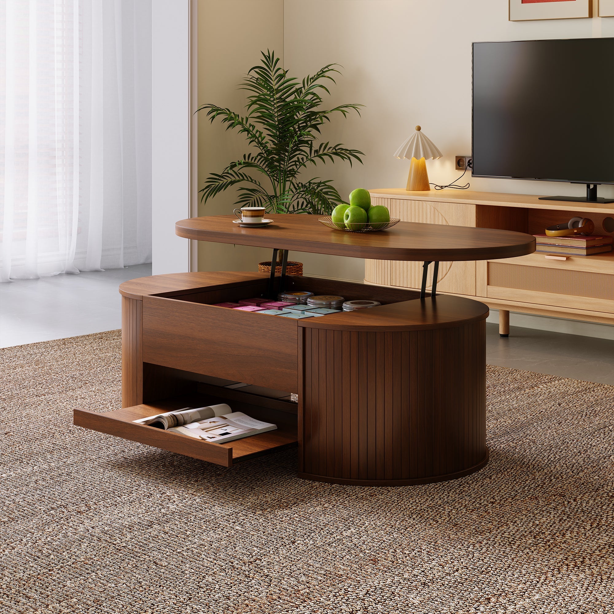 Liftable Coffee Table, Curved Sides Pull-Out Shelf Multifunctional, Wooden