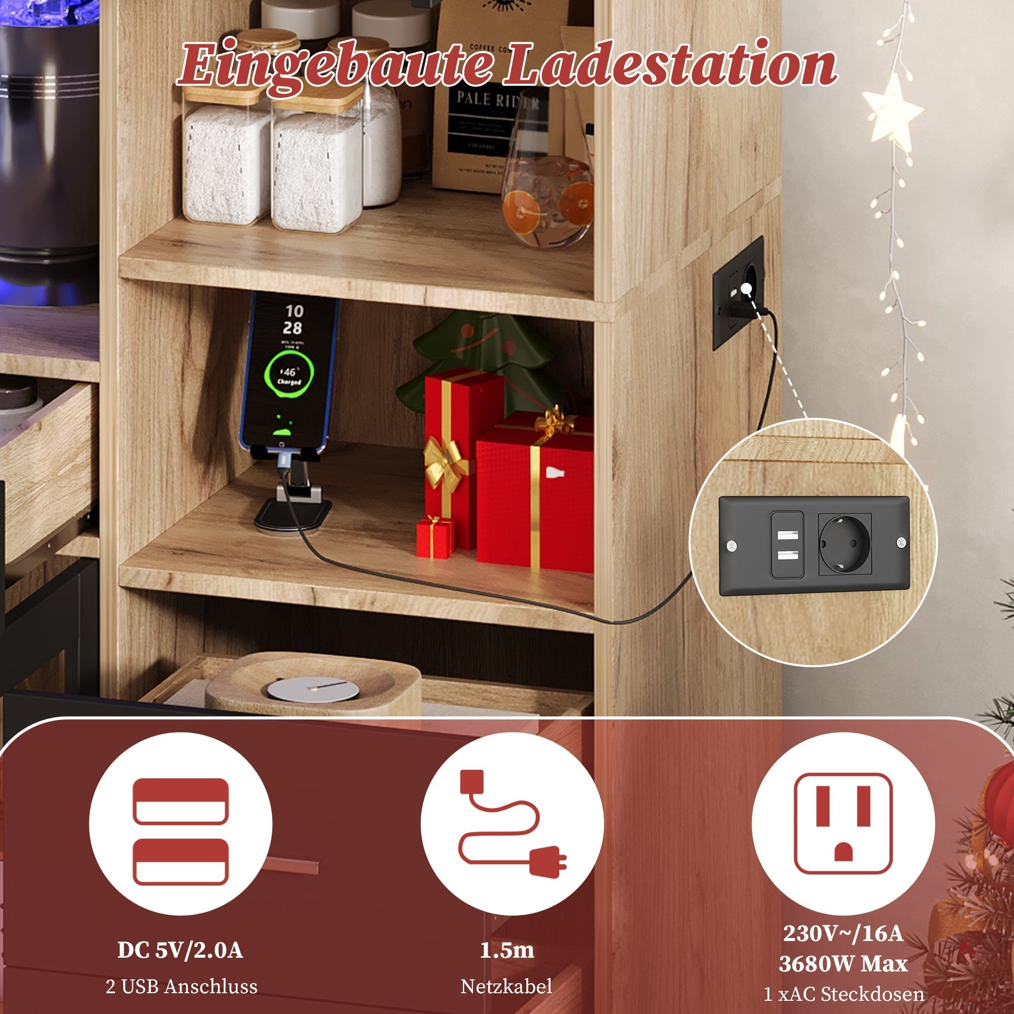 Farmhouse Style Vintage Tall Kitchen Cabinet with LED Lights and Socket, Oak Look