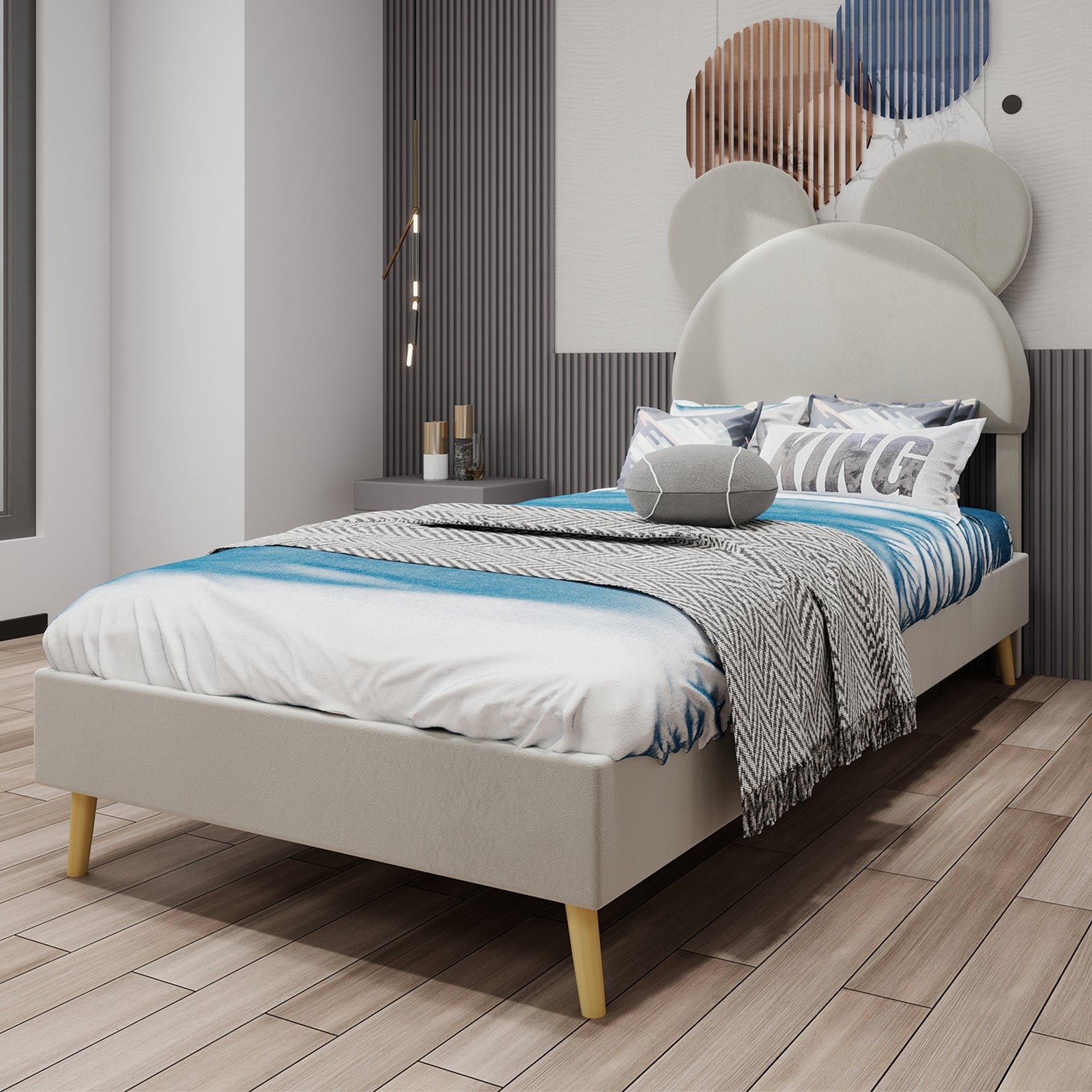 Upholstered Bed, Modern Minimalist Cartoon-Themed Headboard, 140x200 cm, Beige
