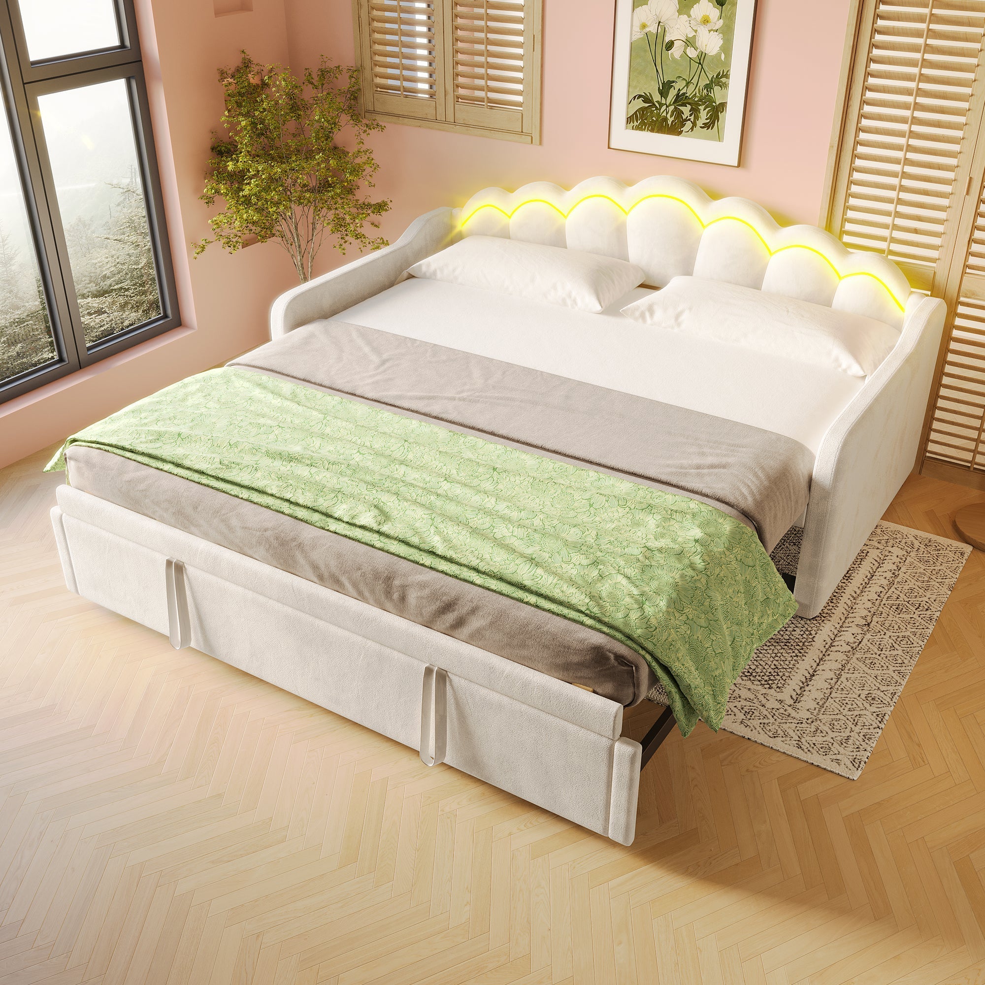 Daybed Sofa Bed Pull-out Double Bed LED 90/180x200cm - Velvet Beige