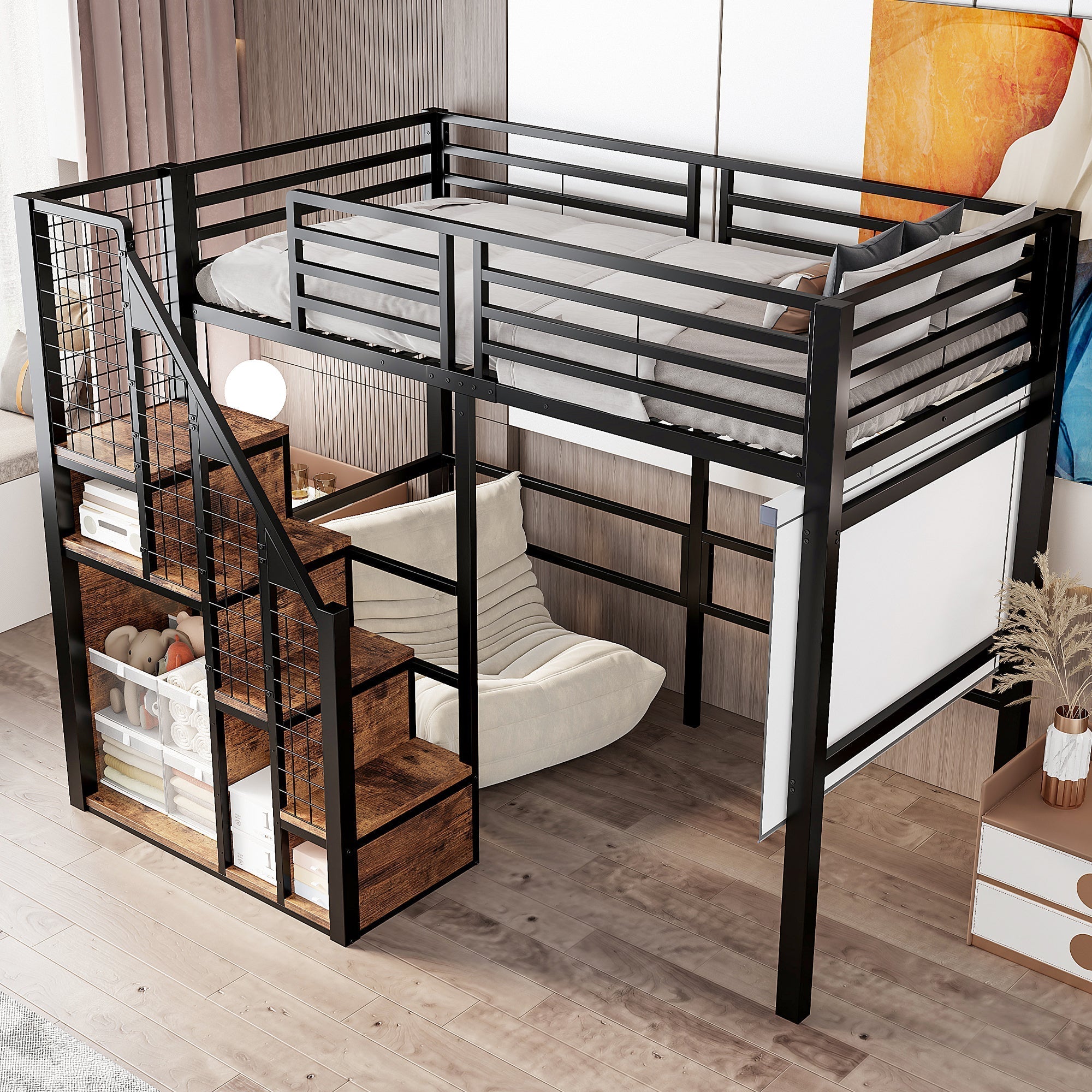 Bunk Bed 90x200cm Iron Frame with Storage Area Safety Ladder Black