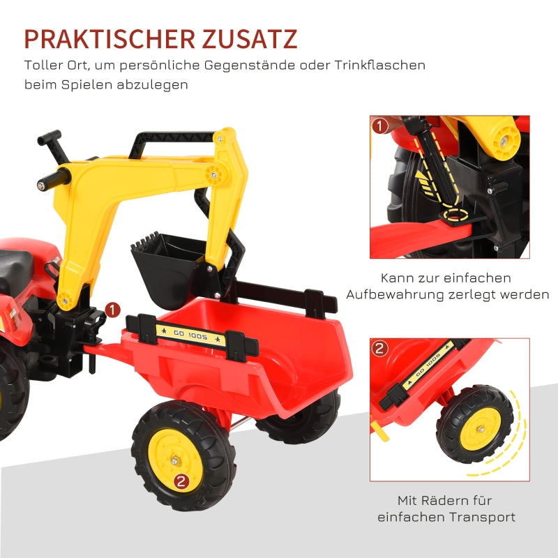 Pedal Tractor with Trailer, Front Loader, Adjustable Shovel, Red