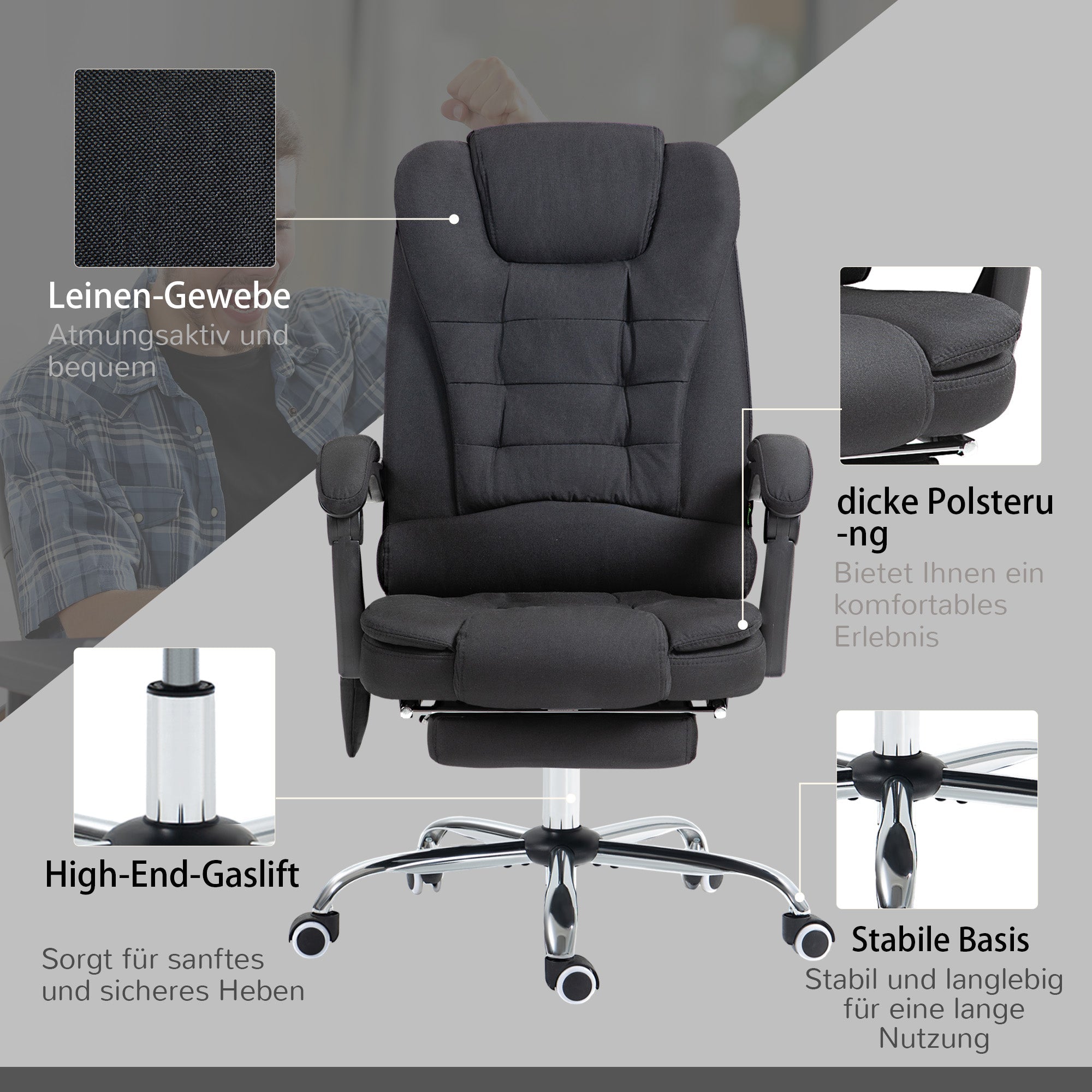 Vinsetto Office Chair, Massage Ergonomic Reclining Heating Footrest, Black