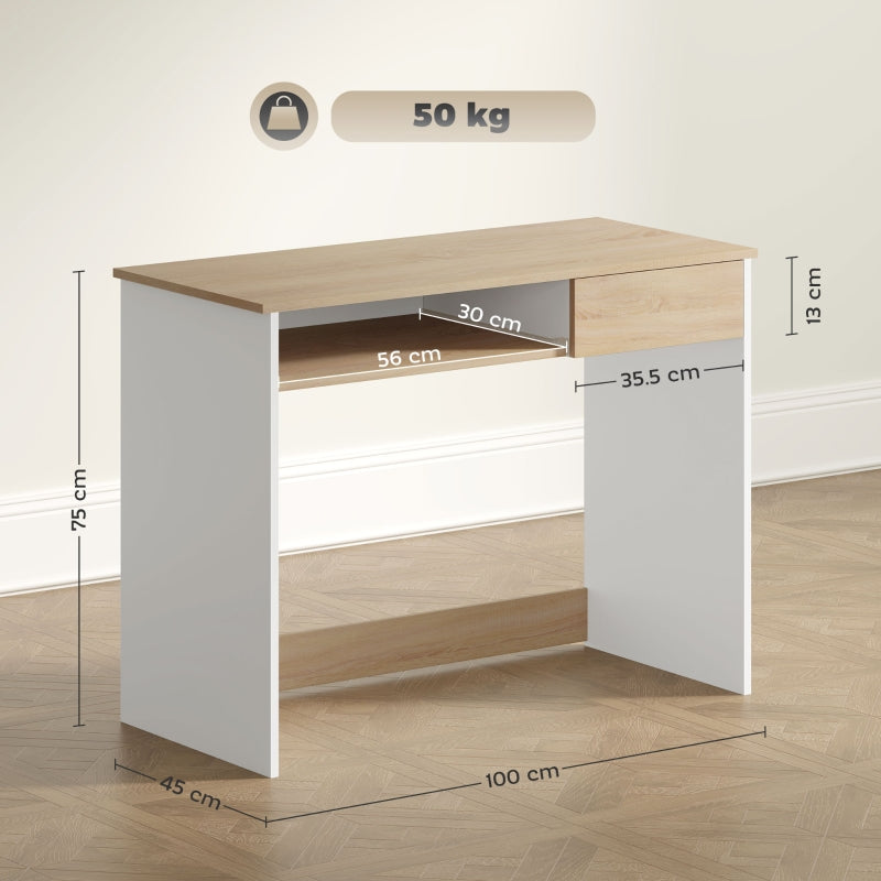 100cm Compact Computer Desk, Keyboard Tray and Drawer for Home Office, Oak
