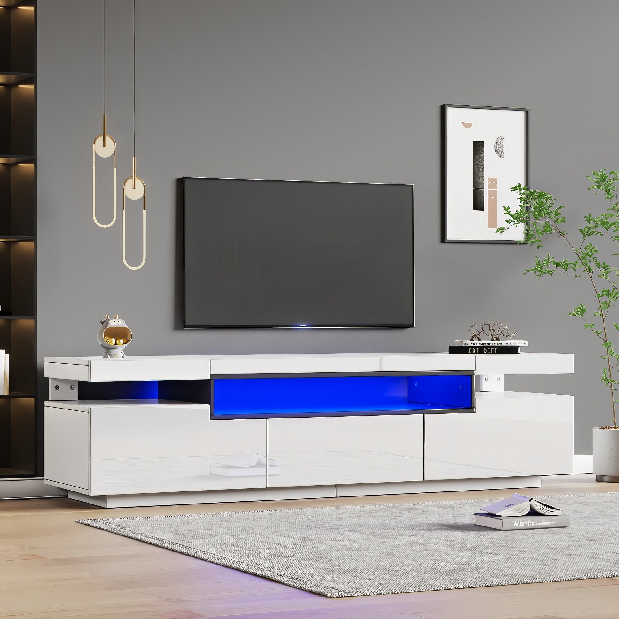 TV Cabinet, 160x39x42cm LED Lighting, 3 Drawers, White High-Gloss
