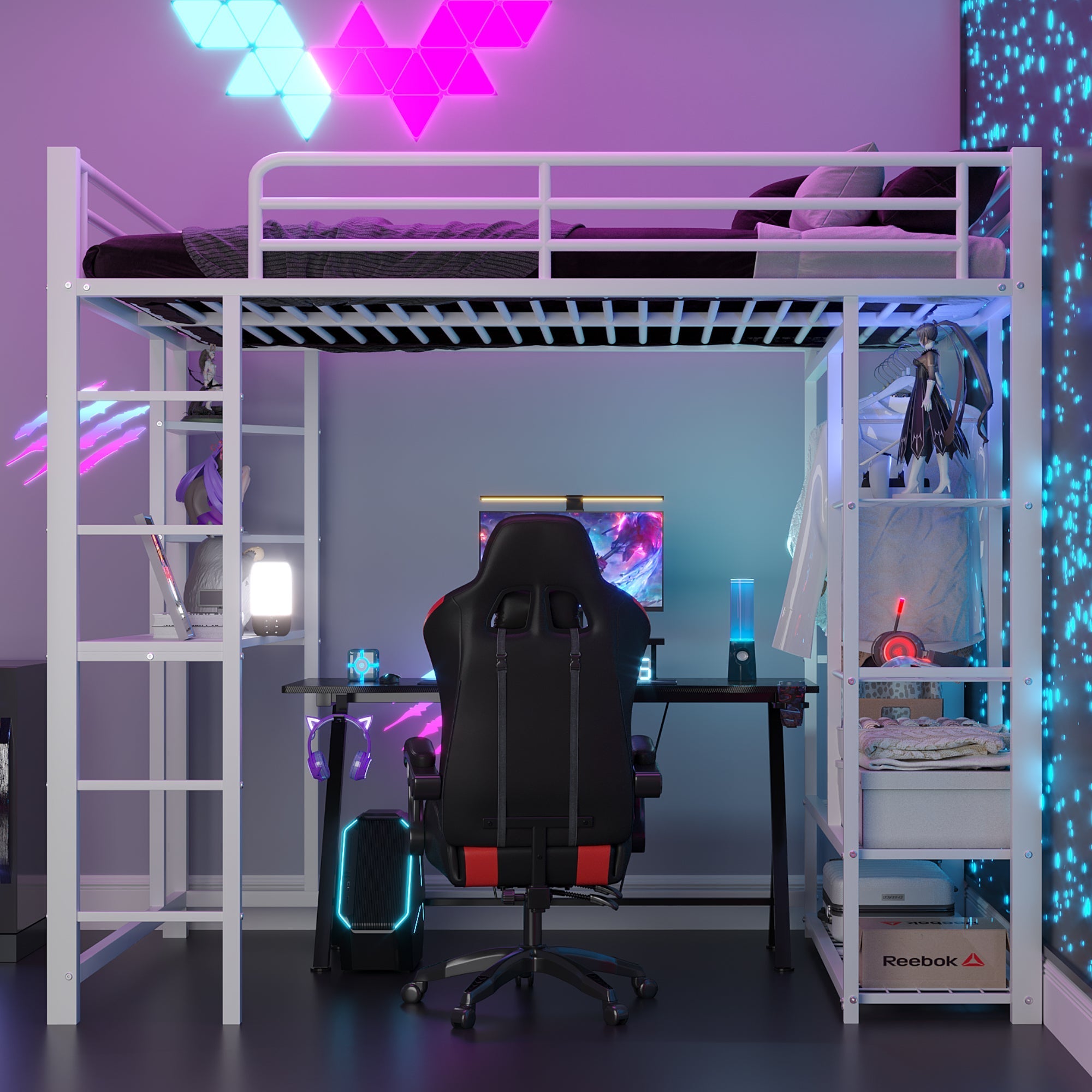 Loft Bed, Ladder & Table, Storage, White