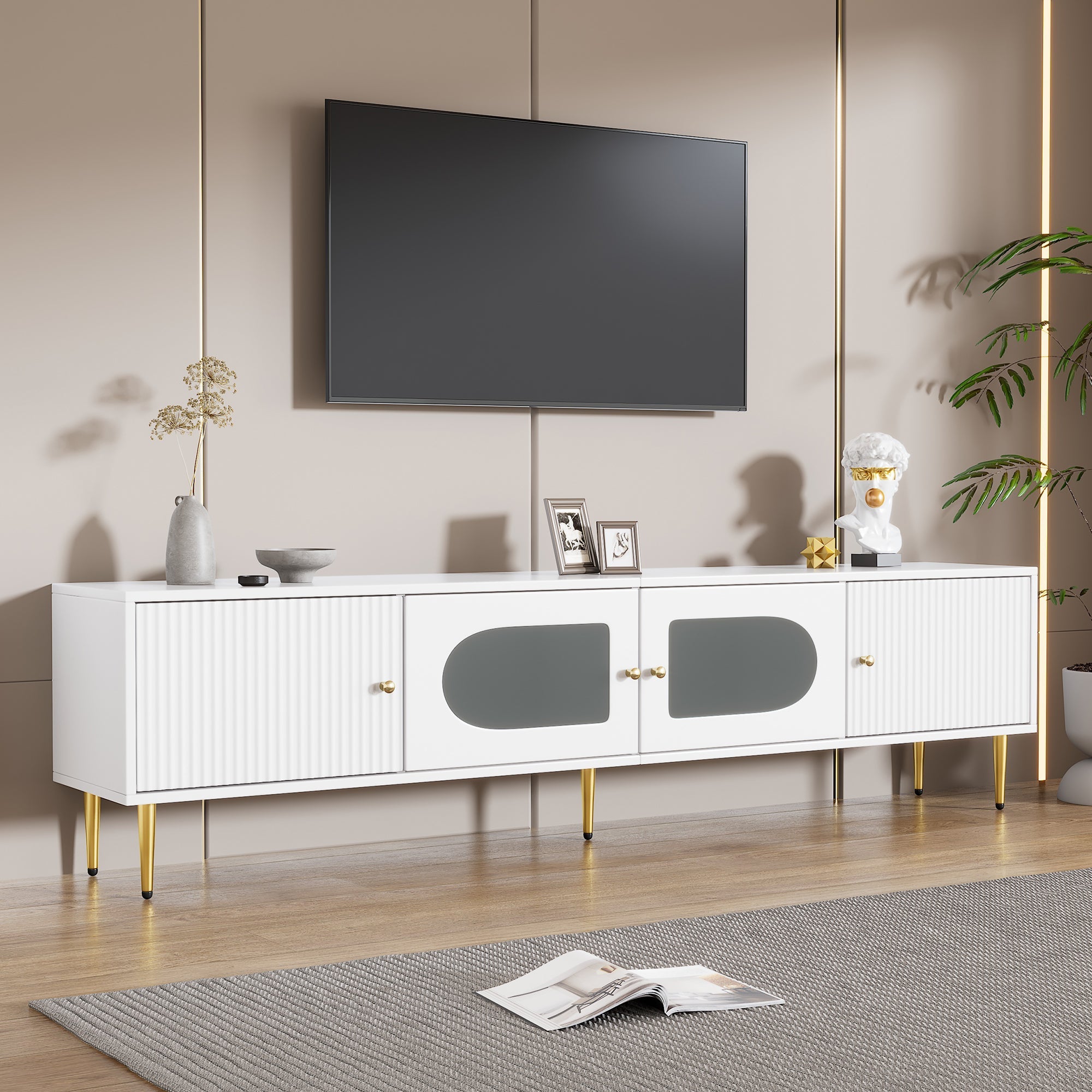 TV Cabinet 170x35x50cm, Golden Legs & Handles, Curved Glass, White