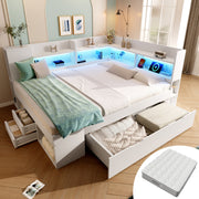 Daybed with LED, Charging Station and Storage, 140x200cm, White Wood-based Material