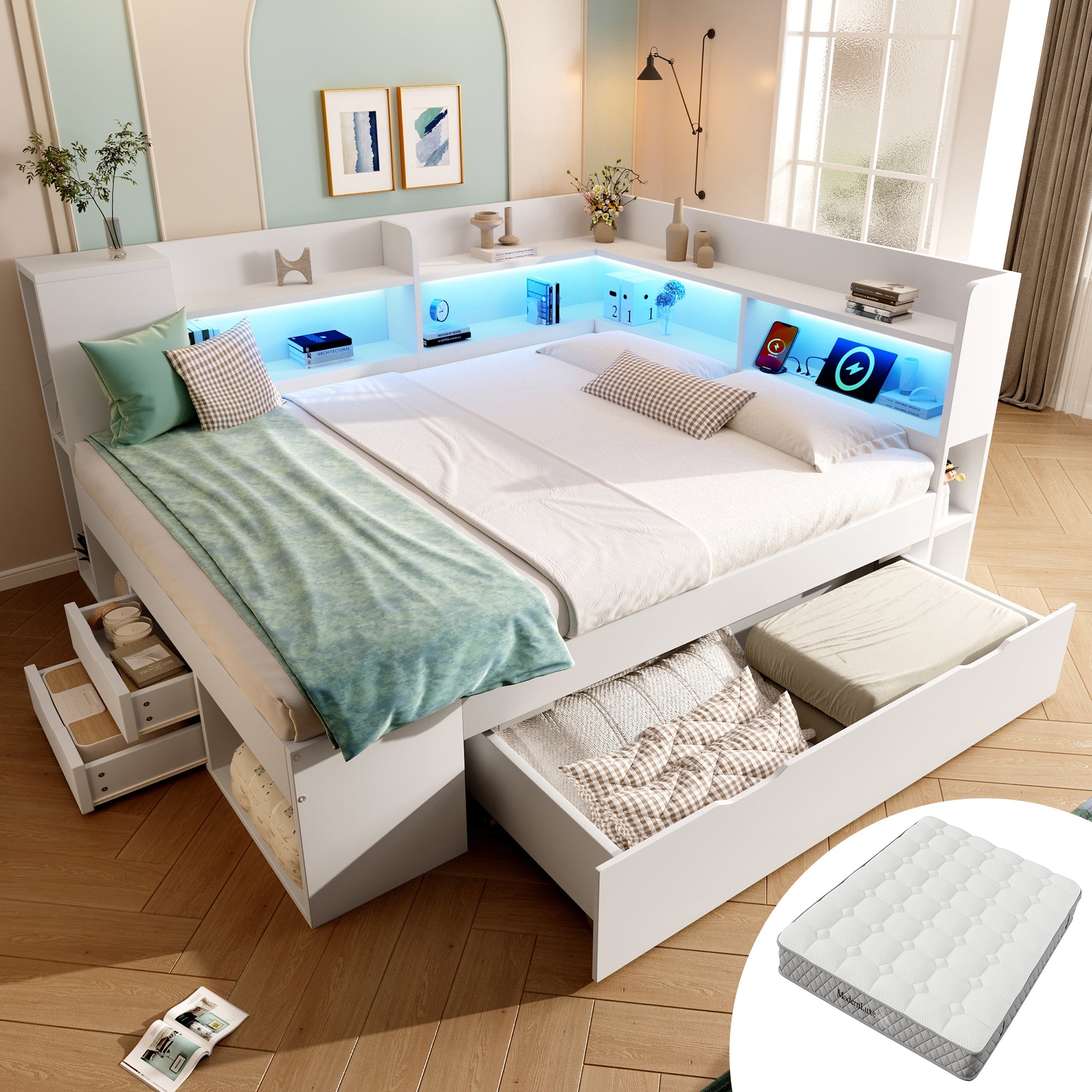 Daybed with LED, Charging Station and Storage, 140x200cm, White Wood-based Material
