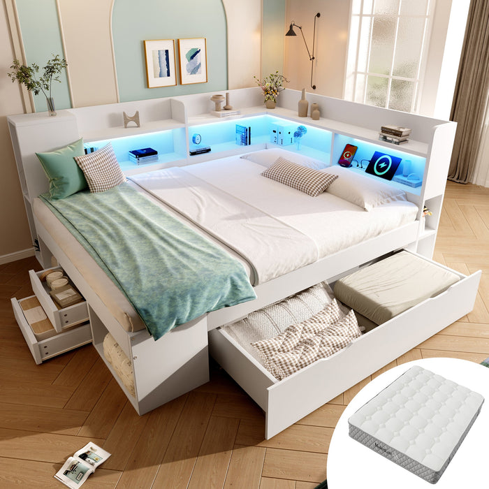 Daybed with LED, Charging Station and Storage, 140x200cm, White Wood-based Material