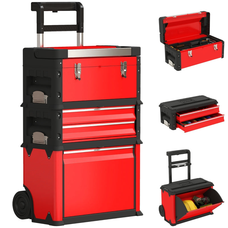 Workshop trolley, 3 modular units, rolling, steel, red