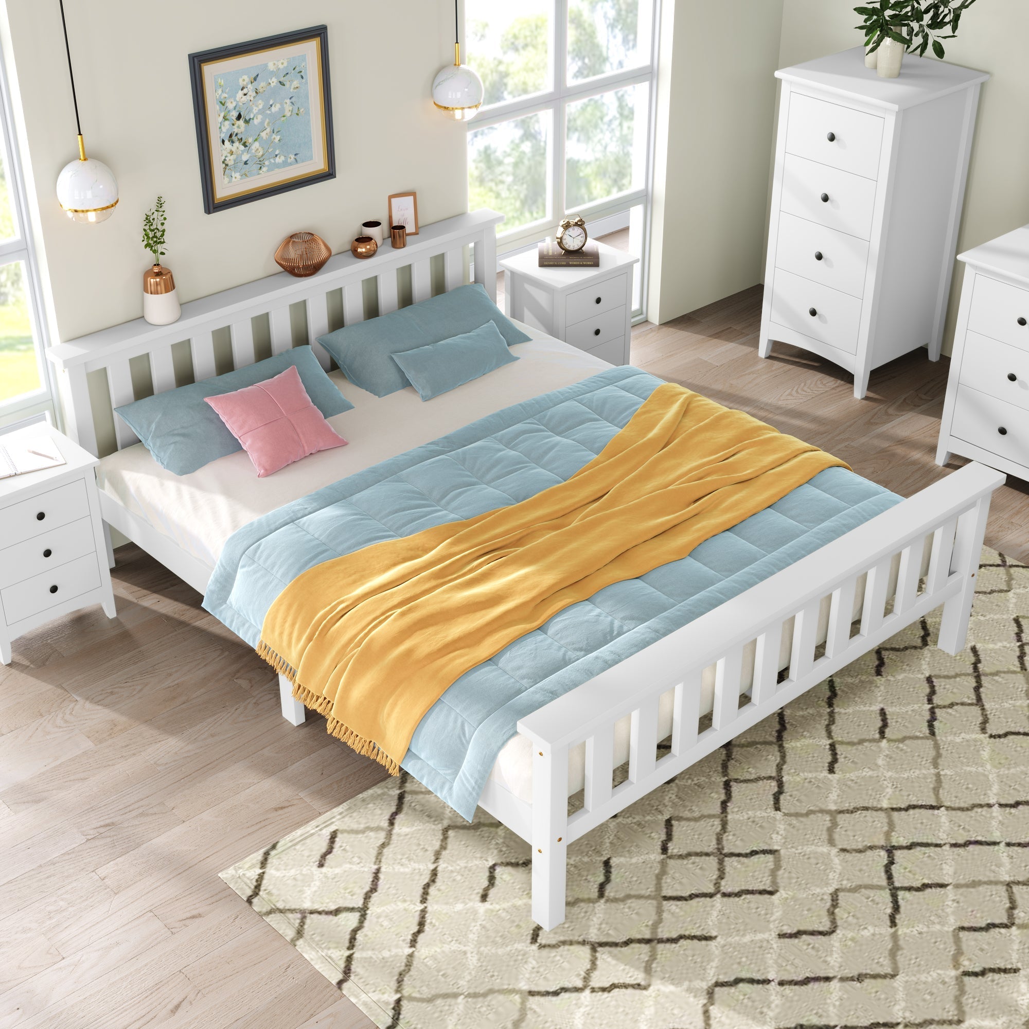 Double Bed Wooden Frame: 4ft6 Double Wooden Bed in White, for Adults, Kids, Teenagers
