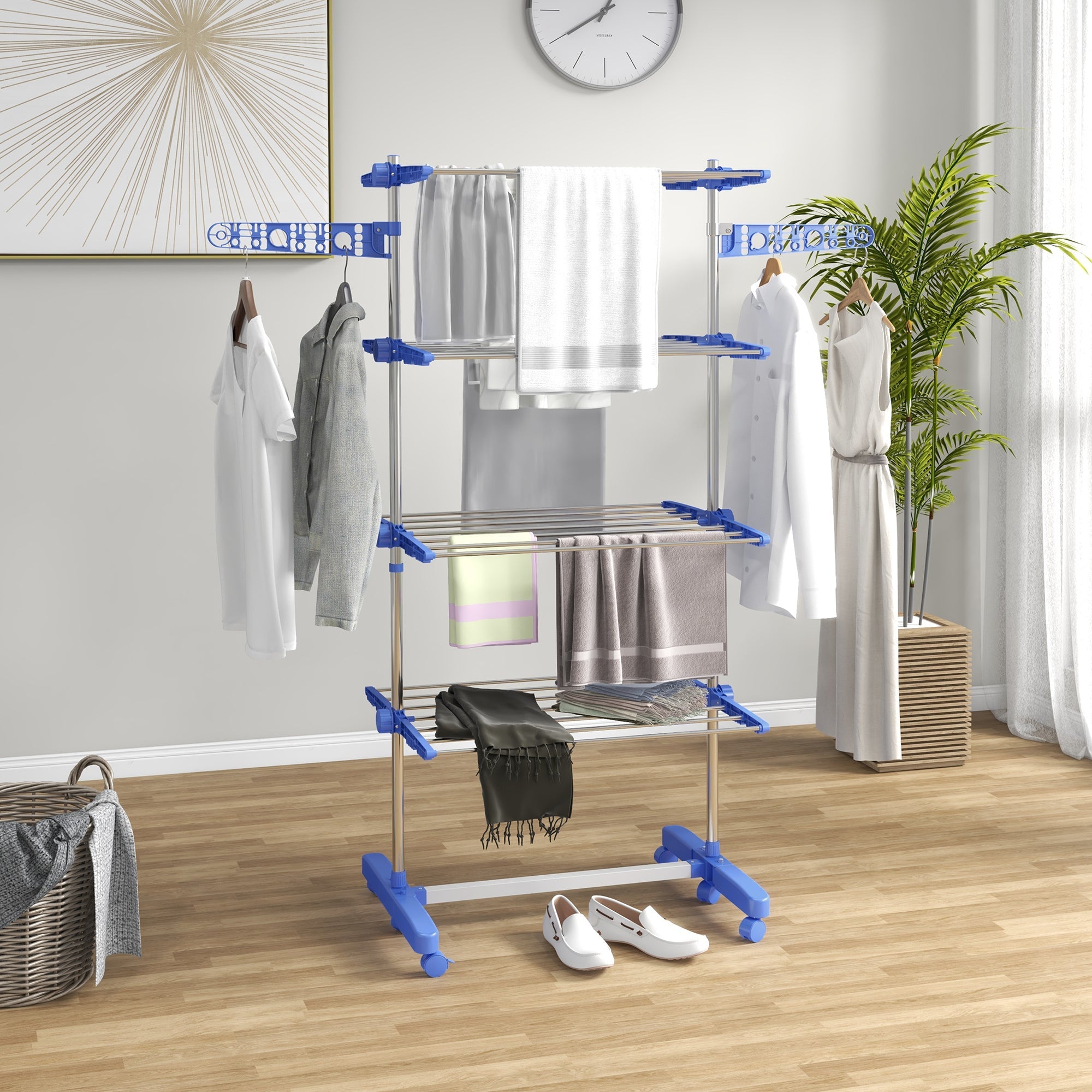 Clothes Airer, 2 Levels Foldable Standing Dryer, Steel Blue