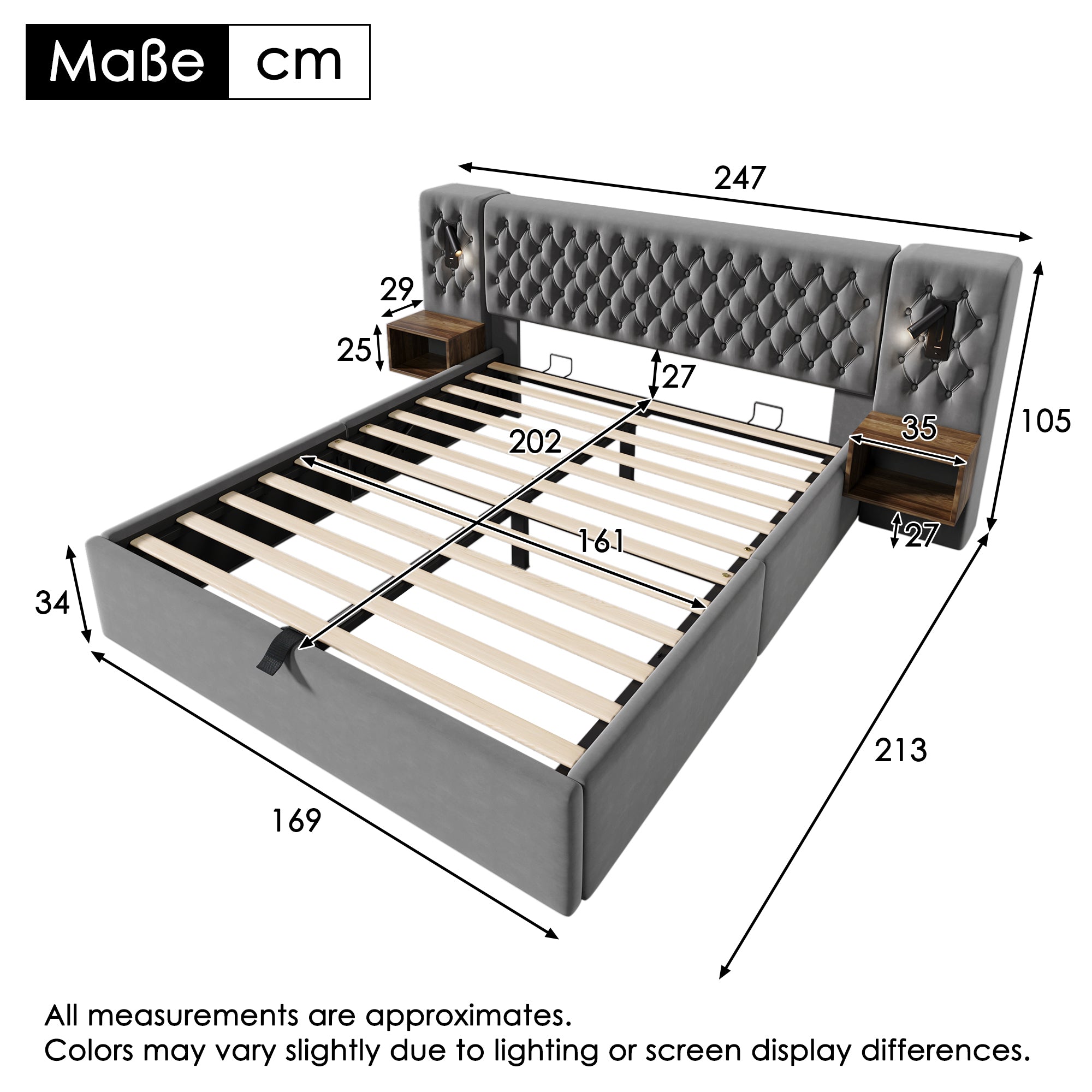 Bedroom Set, Upholstered Hydraulic Storage Double Bed 160x200cm with 2 Bedside Tables, Headboard Reading Light & USB, Gray Velvet