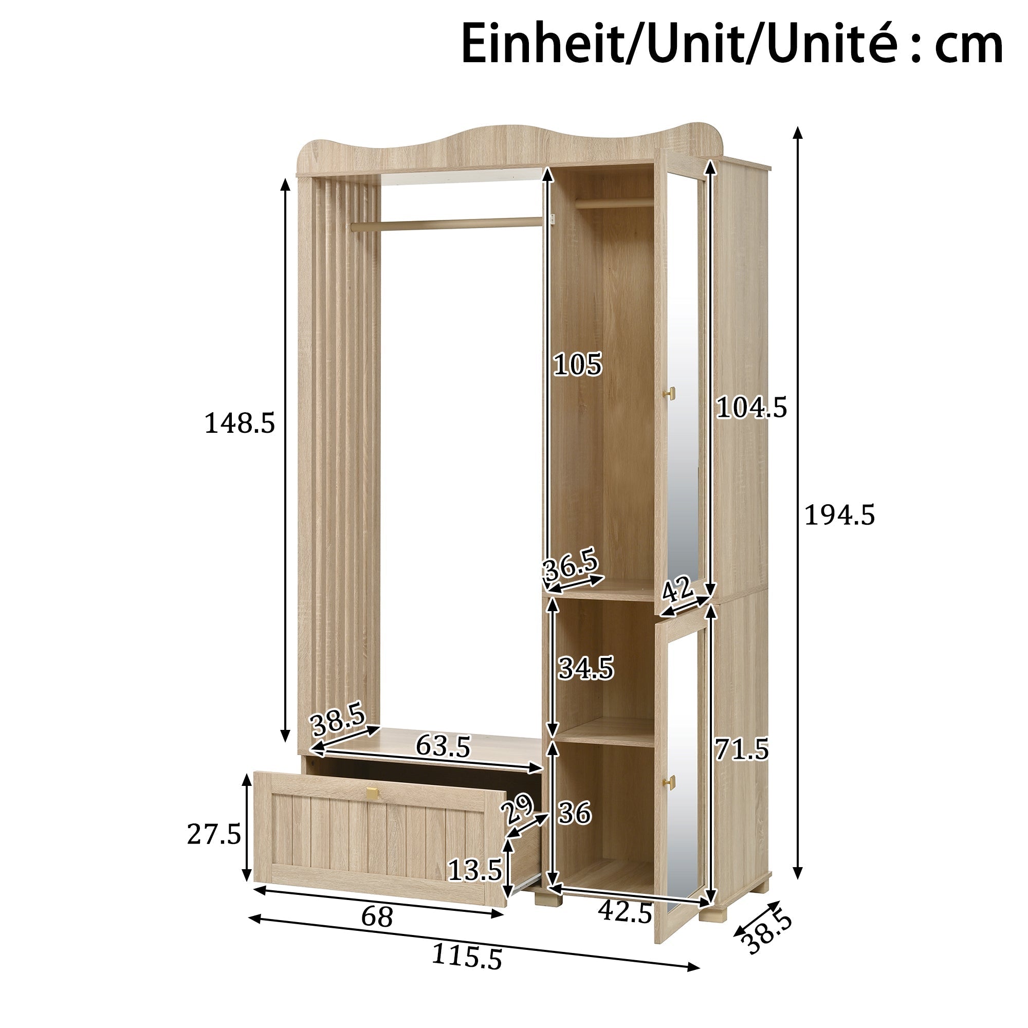 Wardrobe with Mirror and Open Clothes Rack, Drawer and 2 Doors, Wood Wood