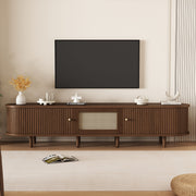 TV Stand with 1 Rattan Drawer, 2 Sliding Doors, Oval for 70 Inch TV, Dark Oak MDF