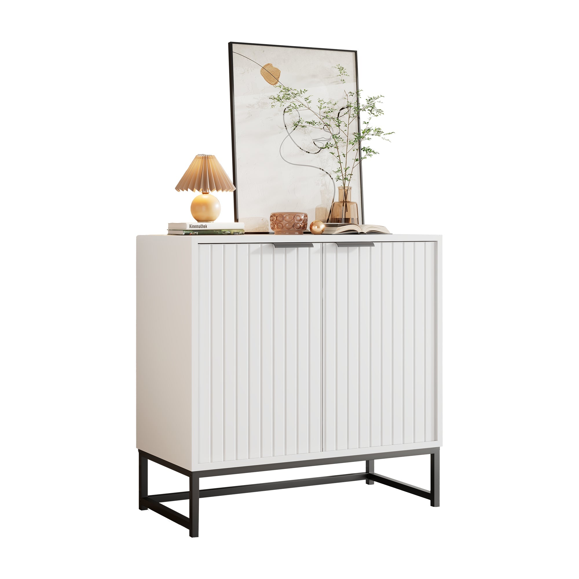 Modern sideboard chest of drawers with 2 doors, standing storage cabinet with metal handles and frame legs, vacuum forming