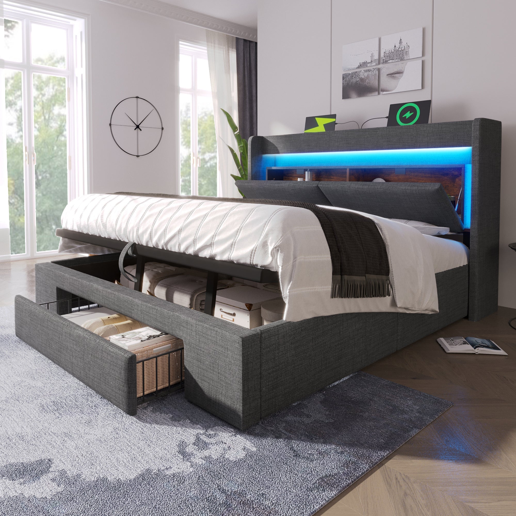 Upholstered Bed 160x200cm Hydraulic Storage Headboard Compartment LED USB/Type-C Linen Grey