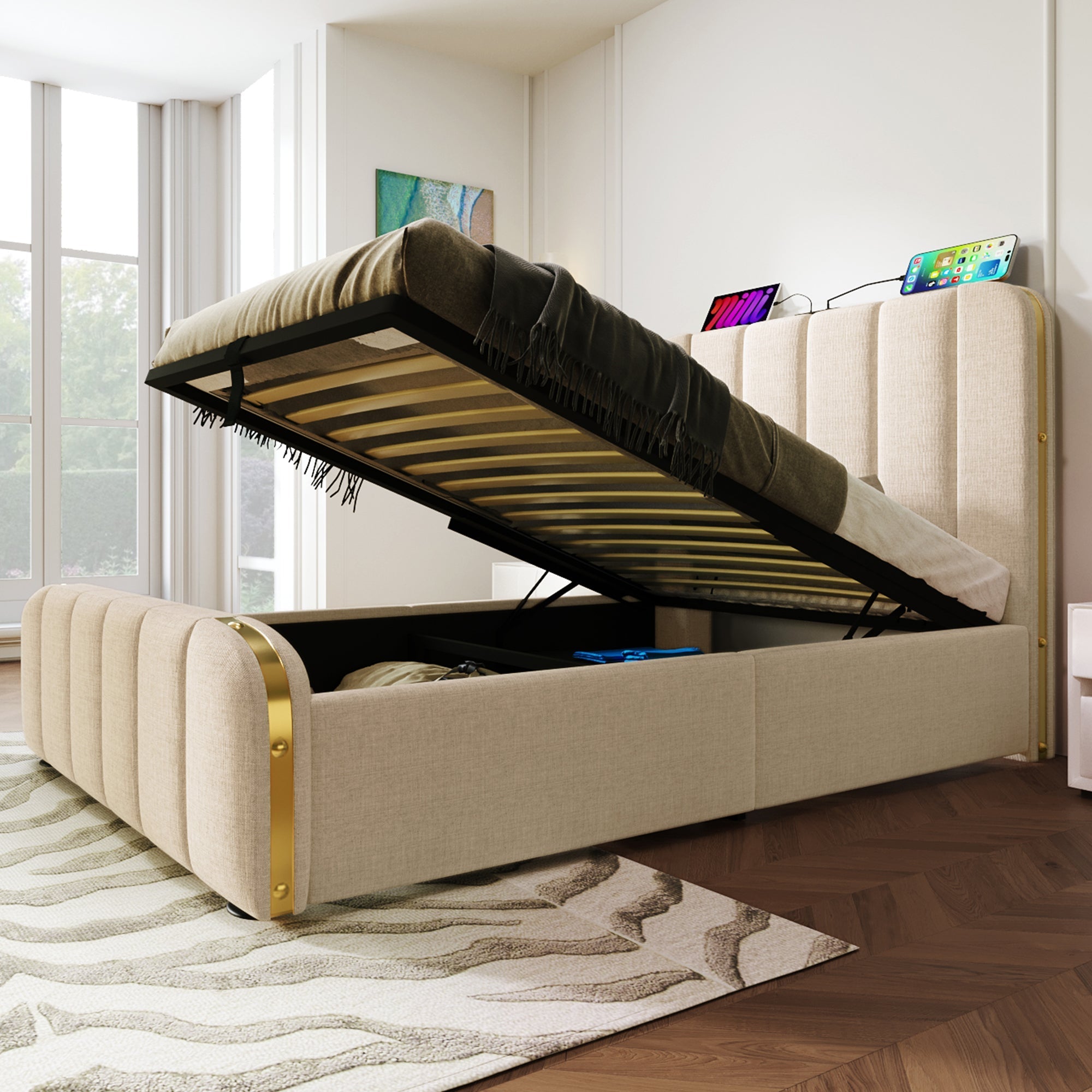 Upholstered Single Bed, USB Type-C, Hydraulic Storage, 90x200 cm, Beige Linen