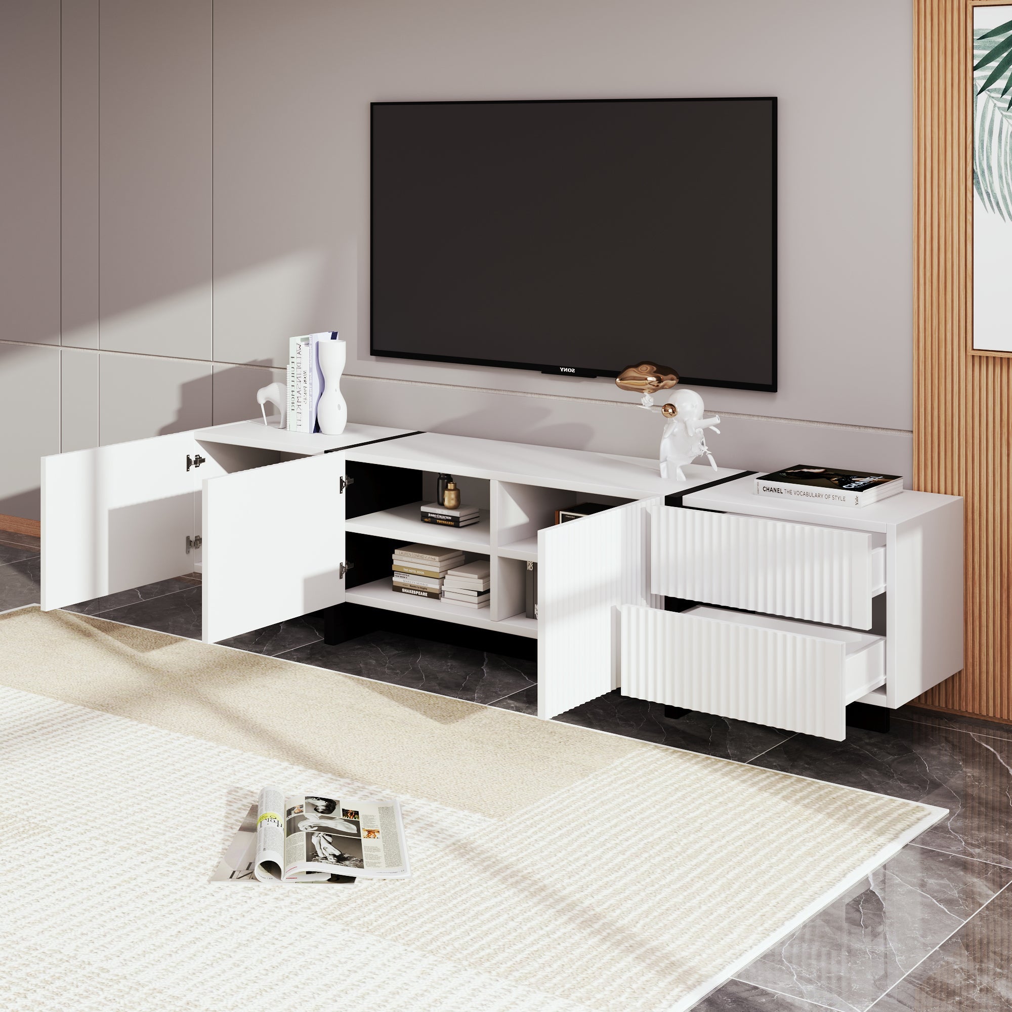 TV Cabinet, 190 cm with 3 Doors & 2 Drawers, White + Black