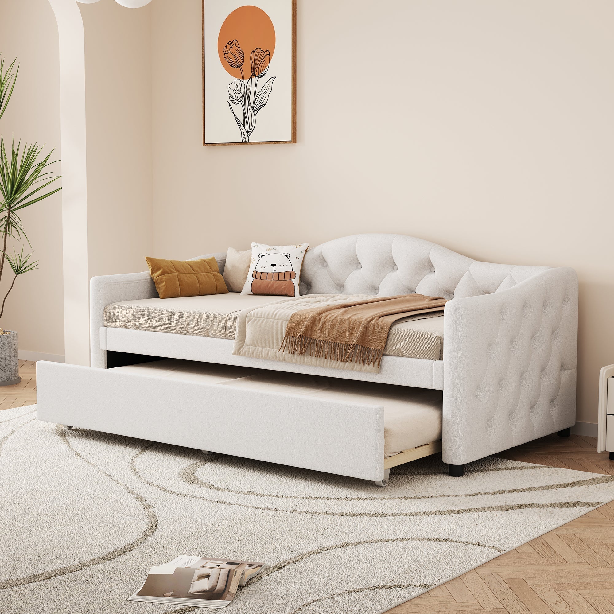 Daybed Sofa Bed 90x200cm Pull-out Bed Minimalist - Linen Beige