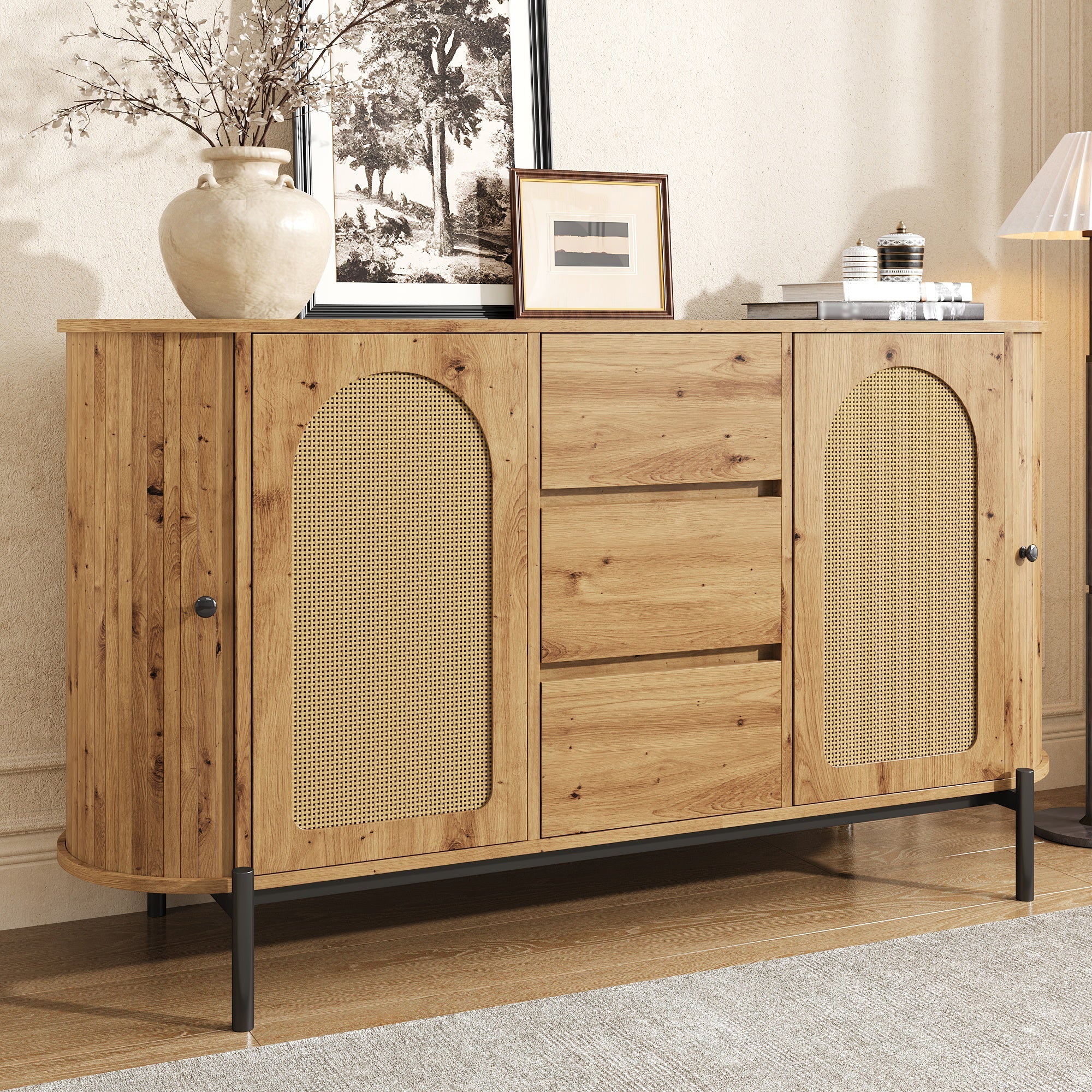 Oval Sideboard with Rattan Sliding Doors and Drawers, Adjustable Compartments and Metal Legs, Wood Look