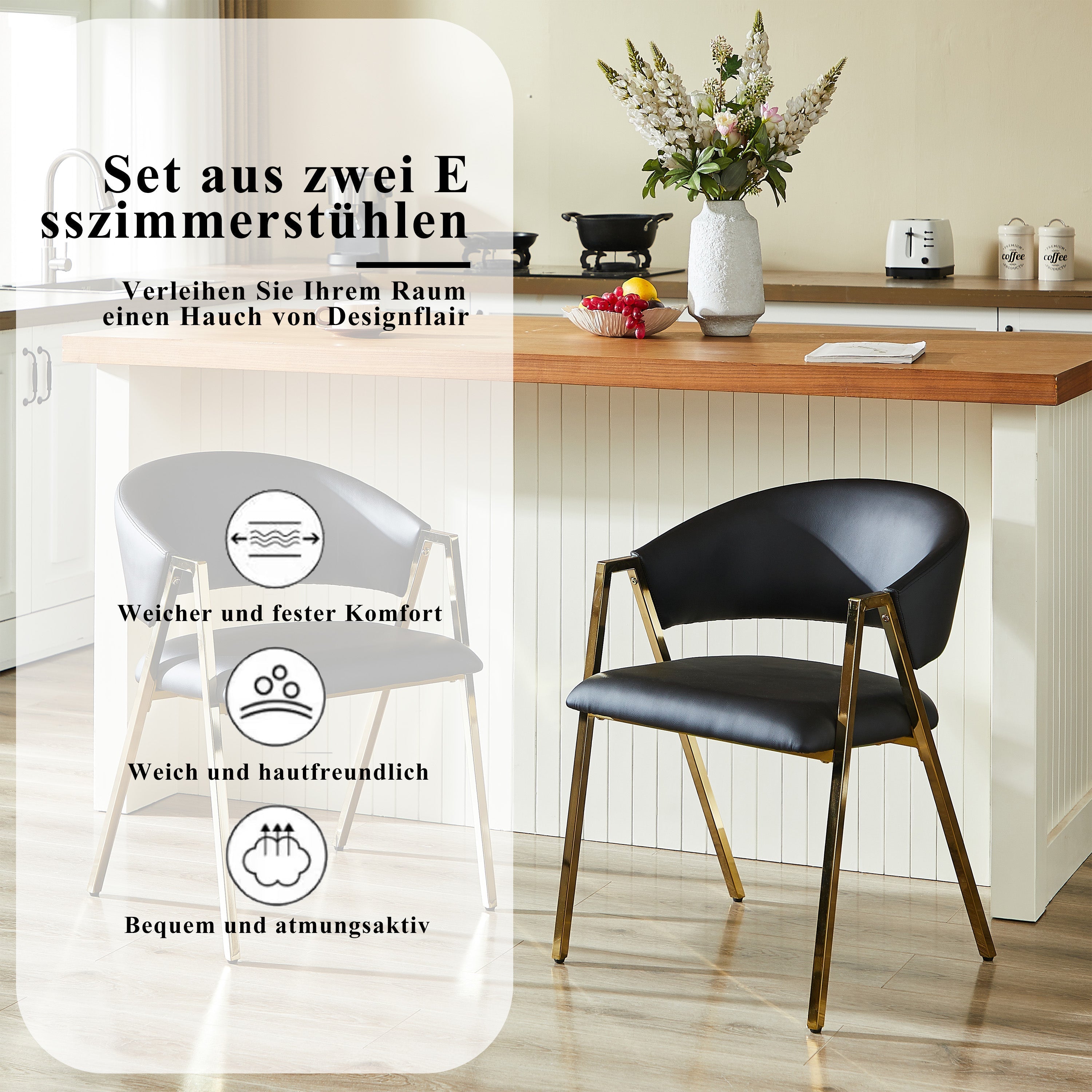 Set of 2 Dining Chairs Modern Minimalist Gold Metal Frame - Black PU Leather